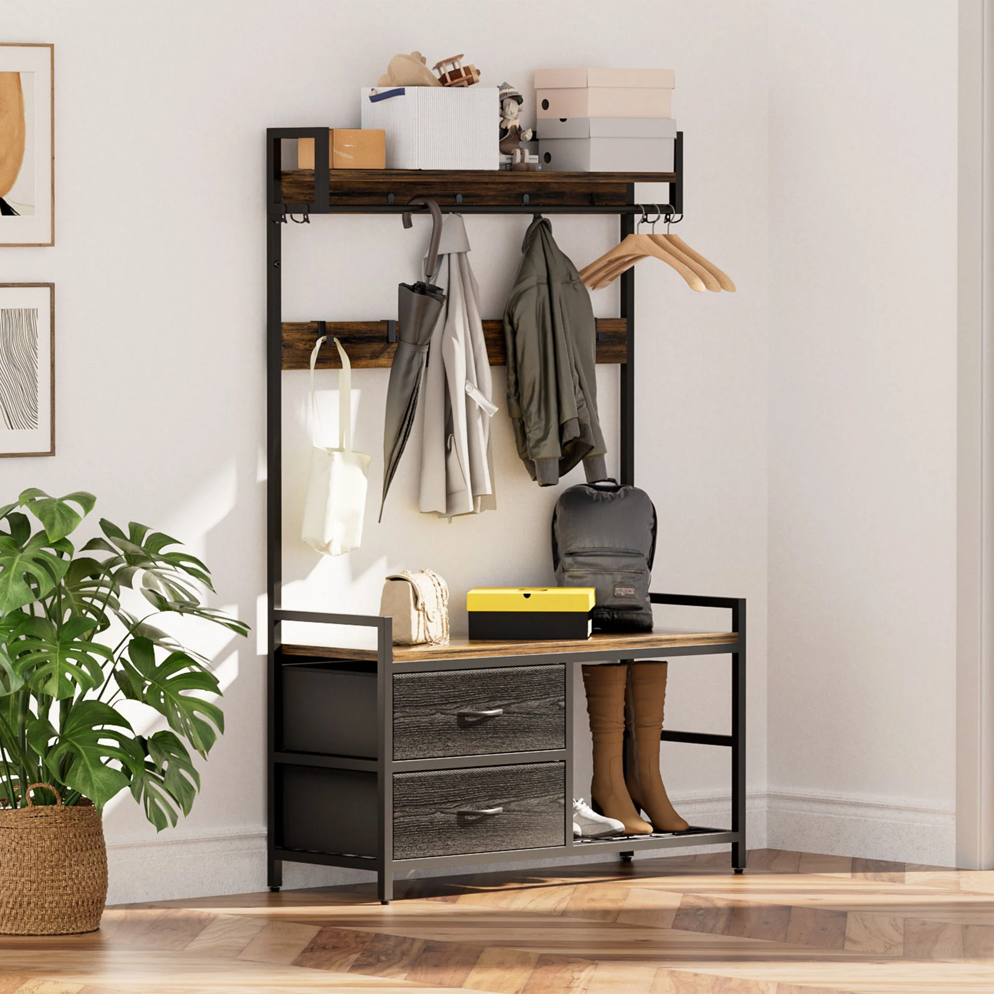 Hall Tree With 2 Movable Drawers, Shoe Storage, Shelves, Garment Racks, And 23 Hooks For Entryway - Rustic Brown - Image 9