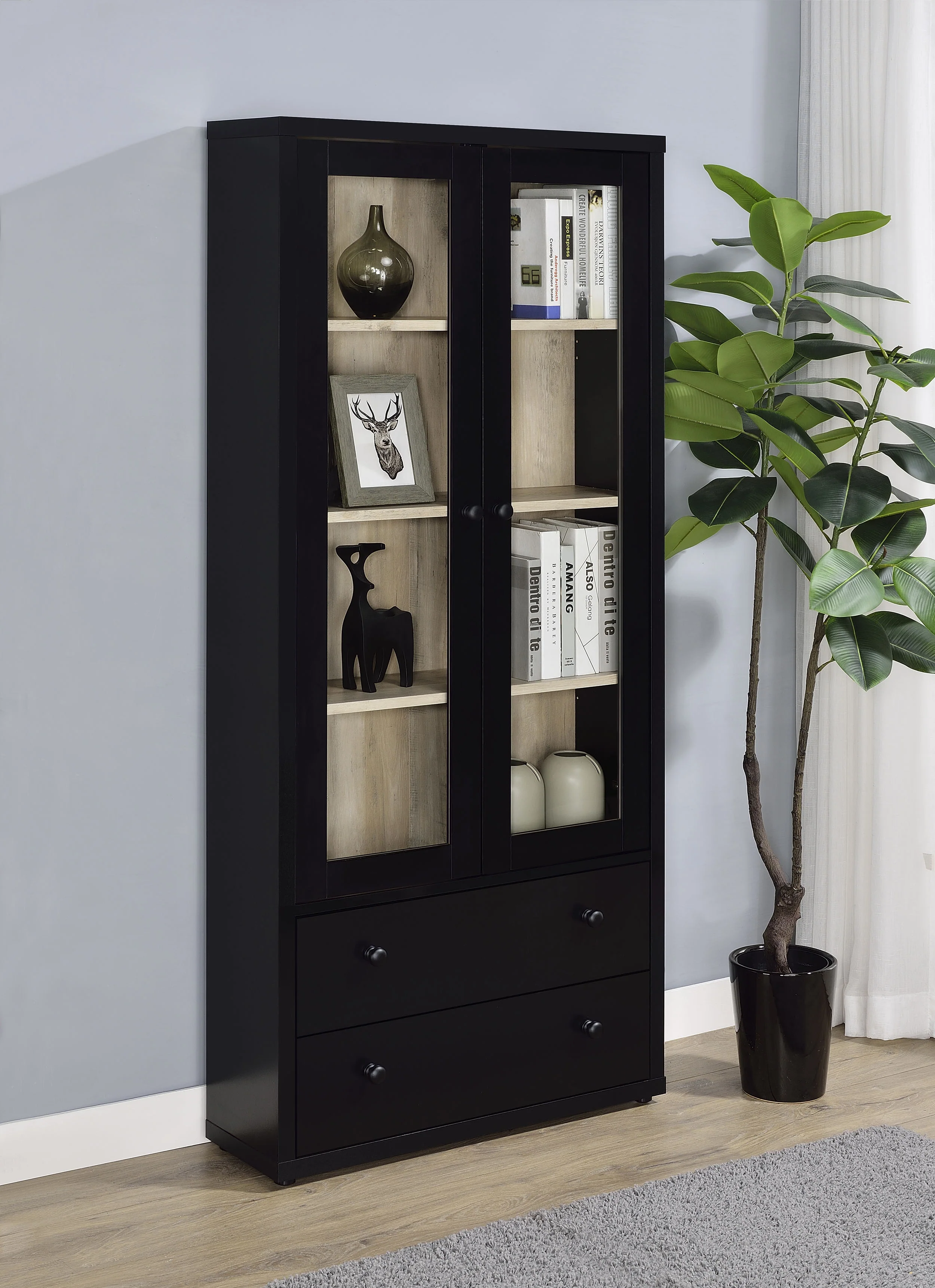 Hawthorne Black Glass Door Cabinet with Drawers, 4-Shelf - Image 4