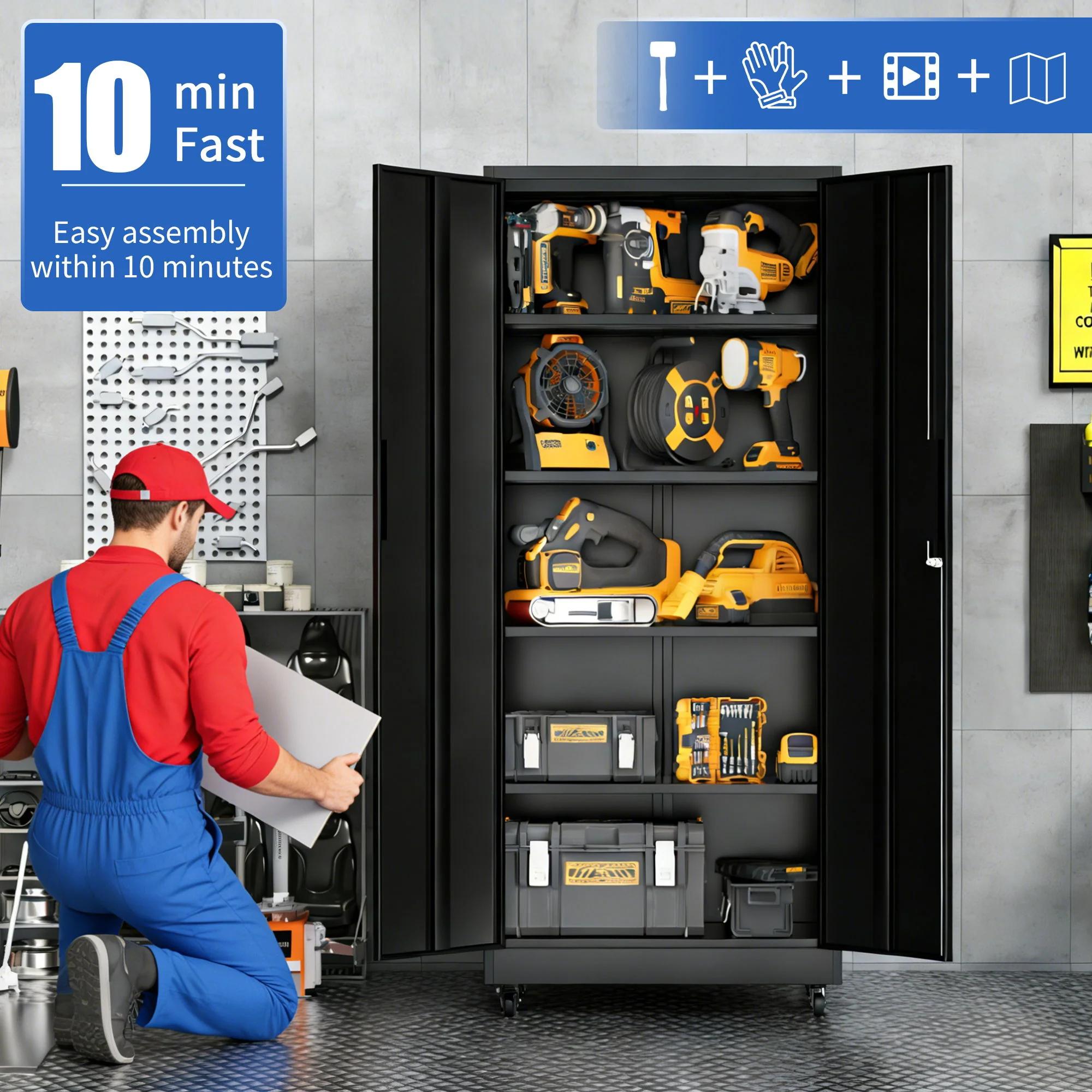 Heavy Duty Rolling Cabinet With Lock, Garage Storage Cabinet, 4 Adjustable Shelves For Tool Organization - Image 3