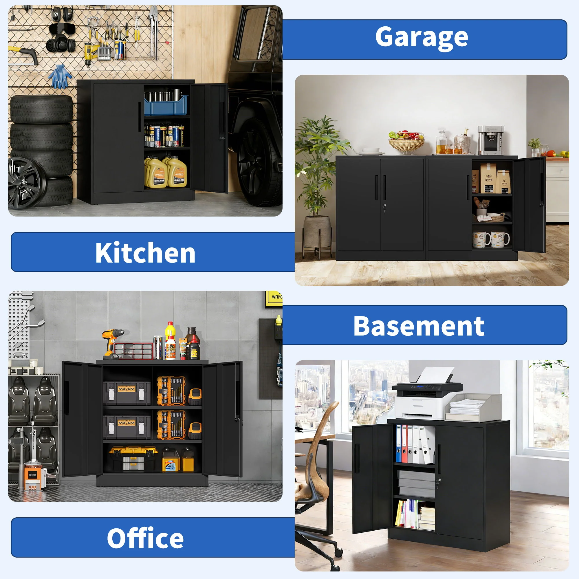 Heavy Duty Storage Cabinet With Lock, 2 Door File Cabinet With 2 Adjustable Shelves - Black - Image 5