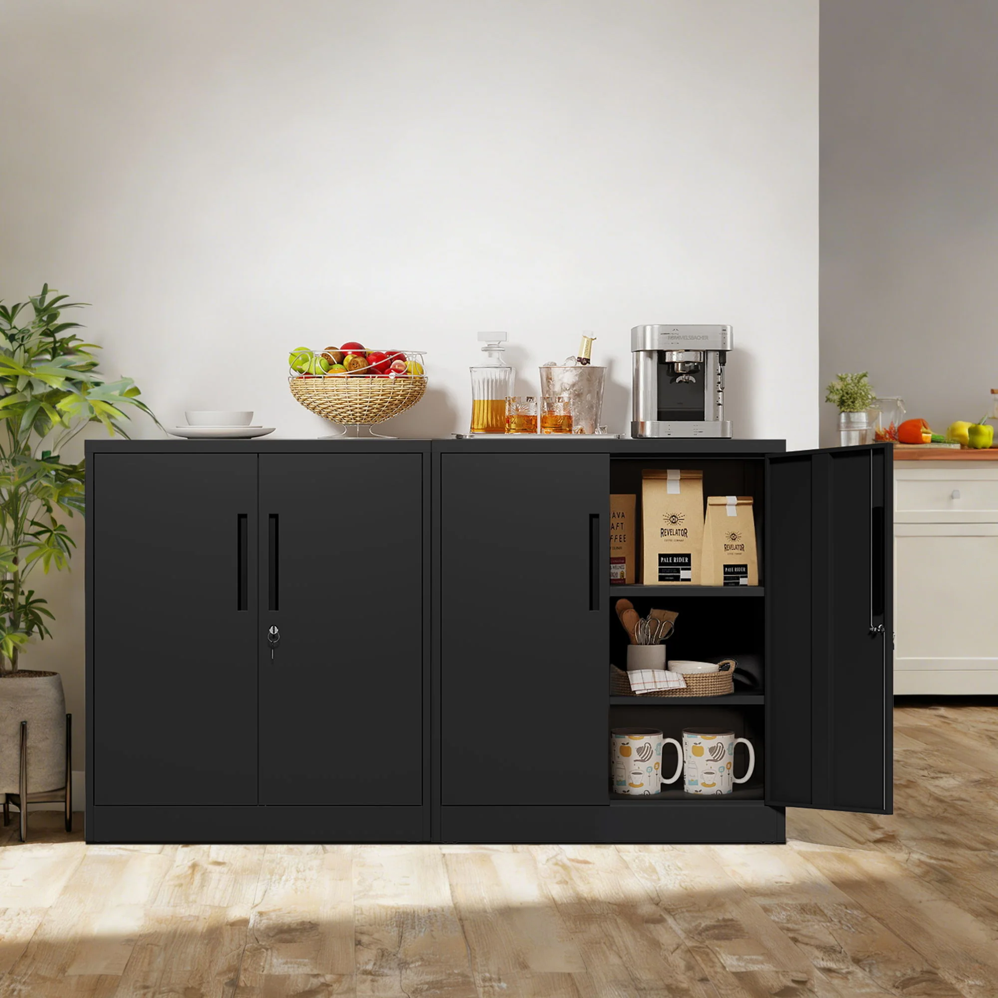 Heavy Duty Storage Cabinet With Lock, 2 Door File Cabinet With 2 Adjustable Shelves - Black - Image 7