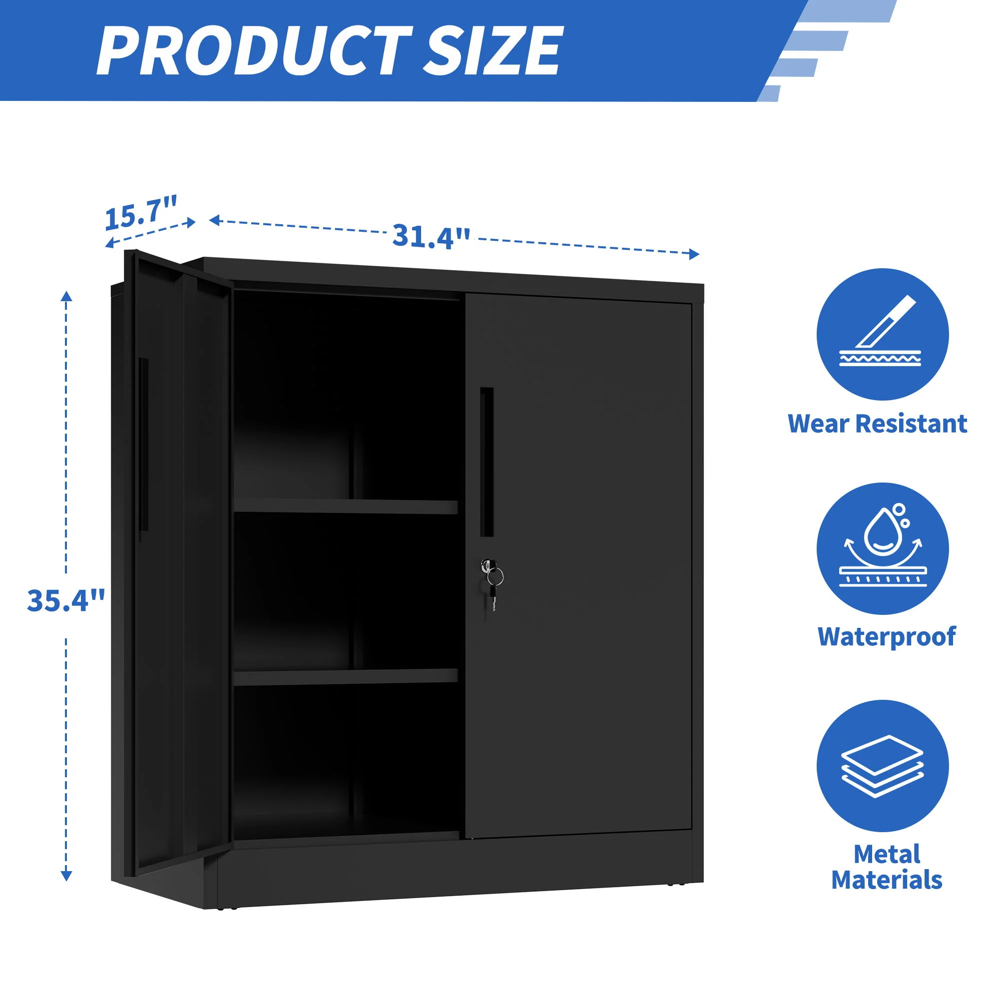 Heavy Duty Storage Cabinet With Lock, 2 Door File Cabinet With 2 Adjustable Shelves - Black - Image 8