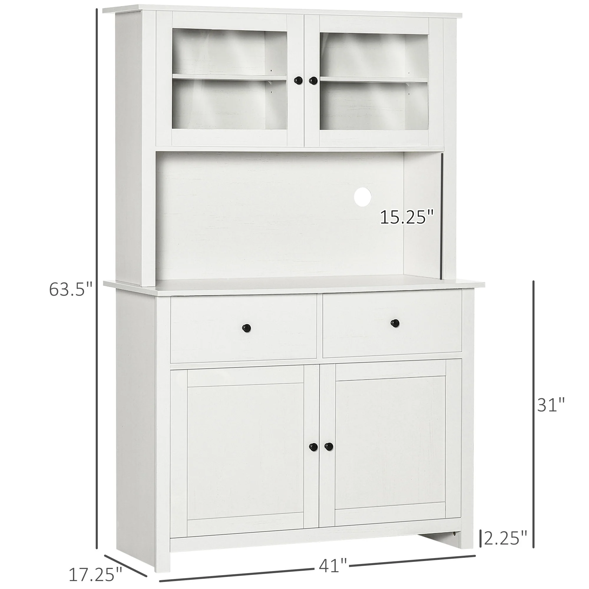 Homcom - 63.5" Kitchen Buffet With Hutch, Pantry Storage Cabinet With 4 Shelves, Drawers, Framed Glass Doors, Open Microwave Countertop - Antique White - Image 9