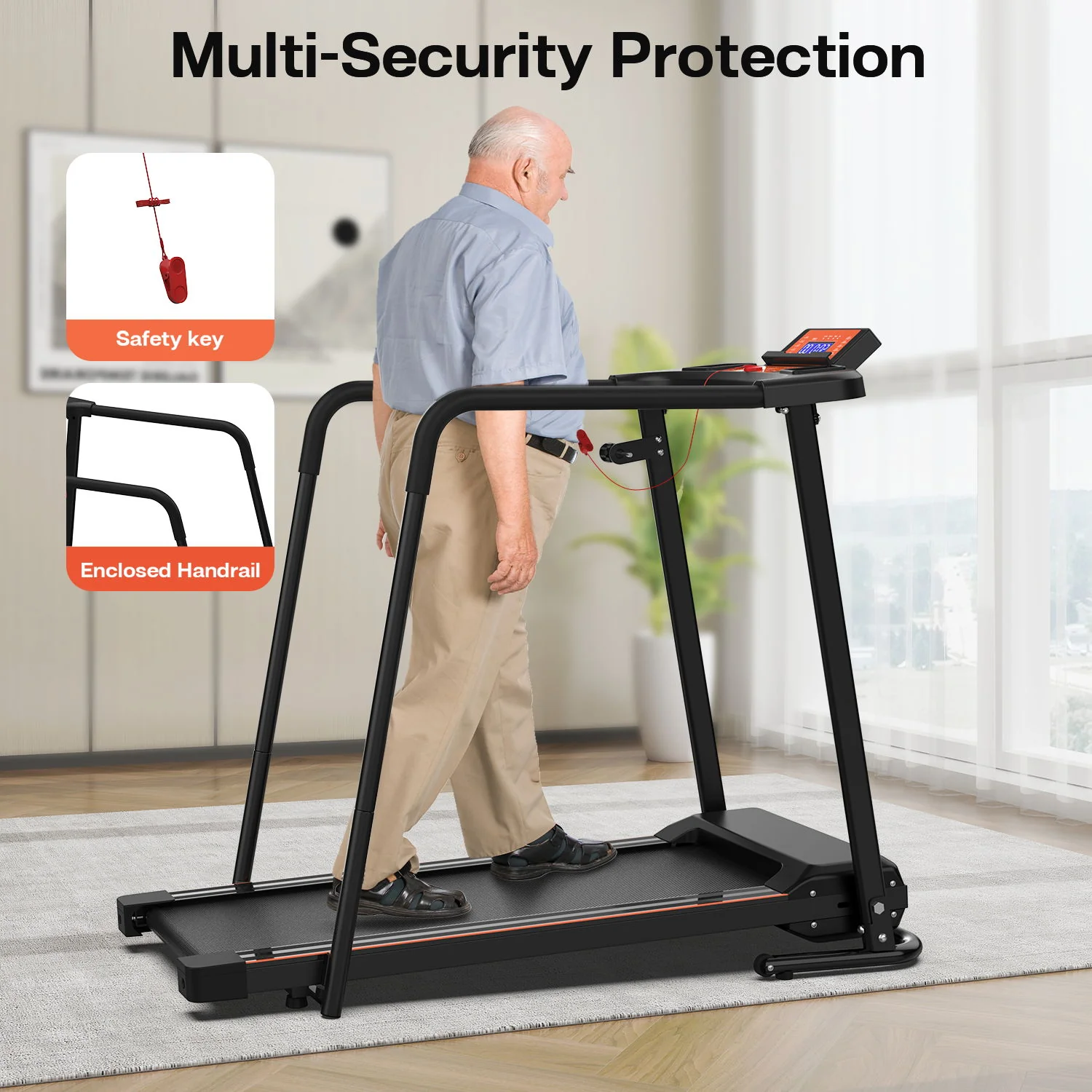Home Fitness Treadmill With Extended Handrails, Portable Foldable Design - Black / Orange - Image 4