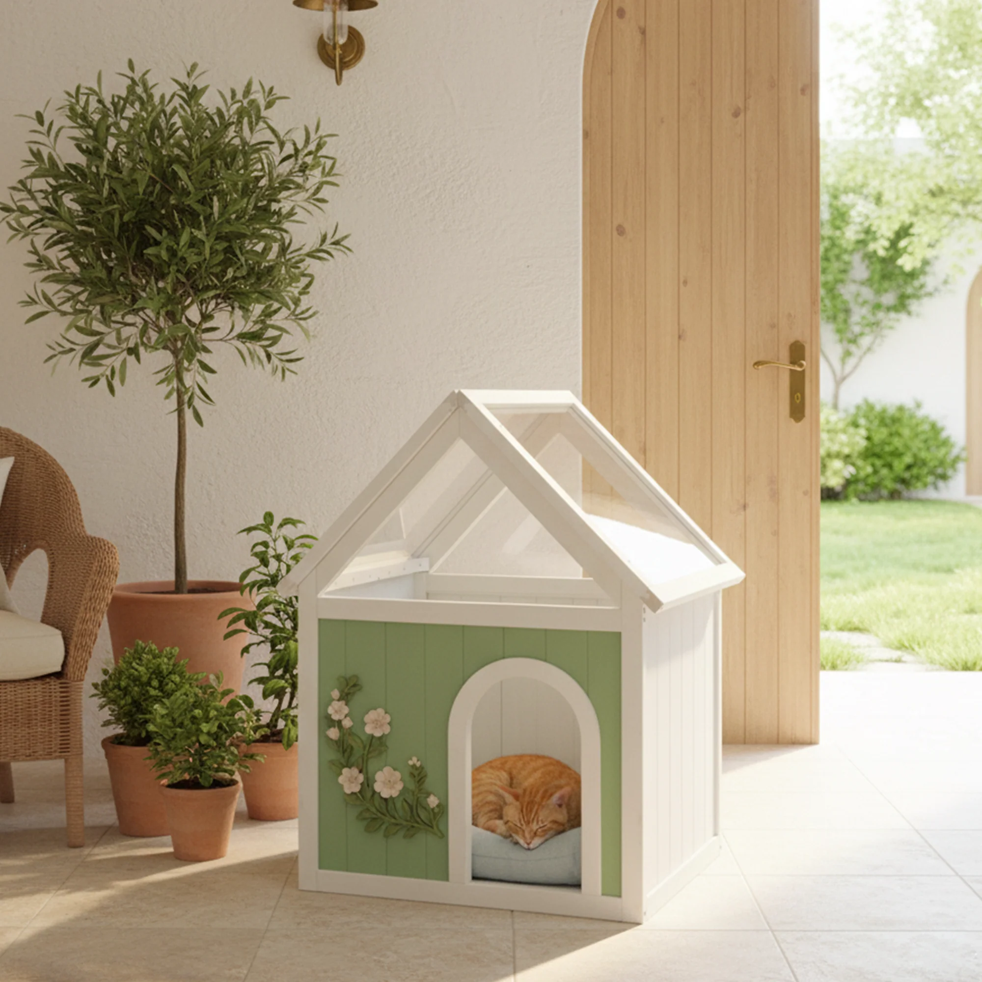 Iberis 25-Inch Transparent Roof Cedar Wood Pet House with Floral Carvings - Image 3