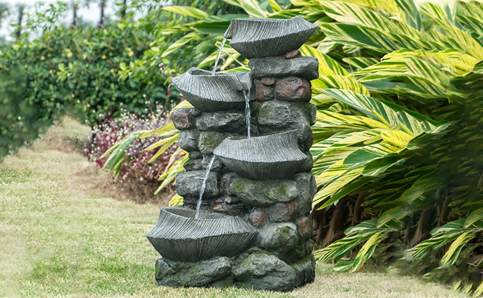 Indoor Outdoor Stone Water Fountain, 4 Tier Polyresin Cascading Rock Bowl Freestanding Fountain With LED Ligh - Gray - Image 8