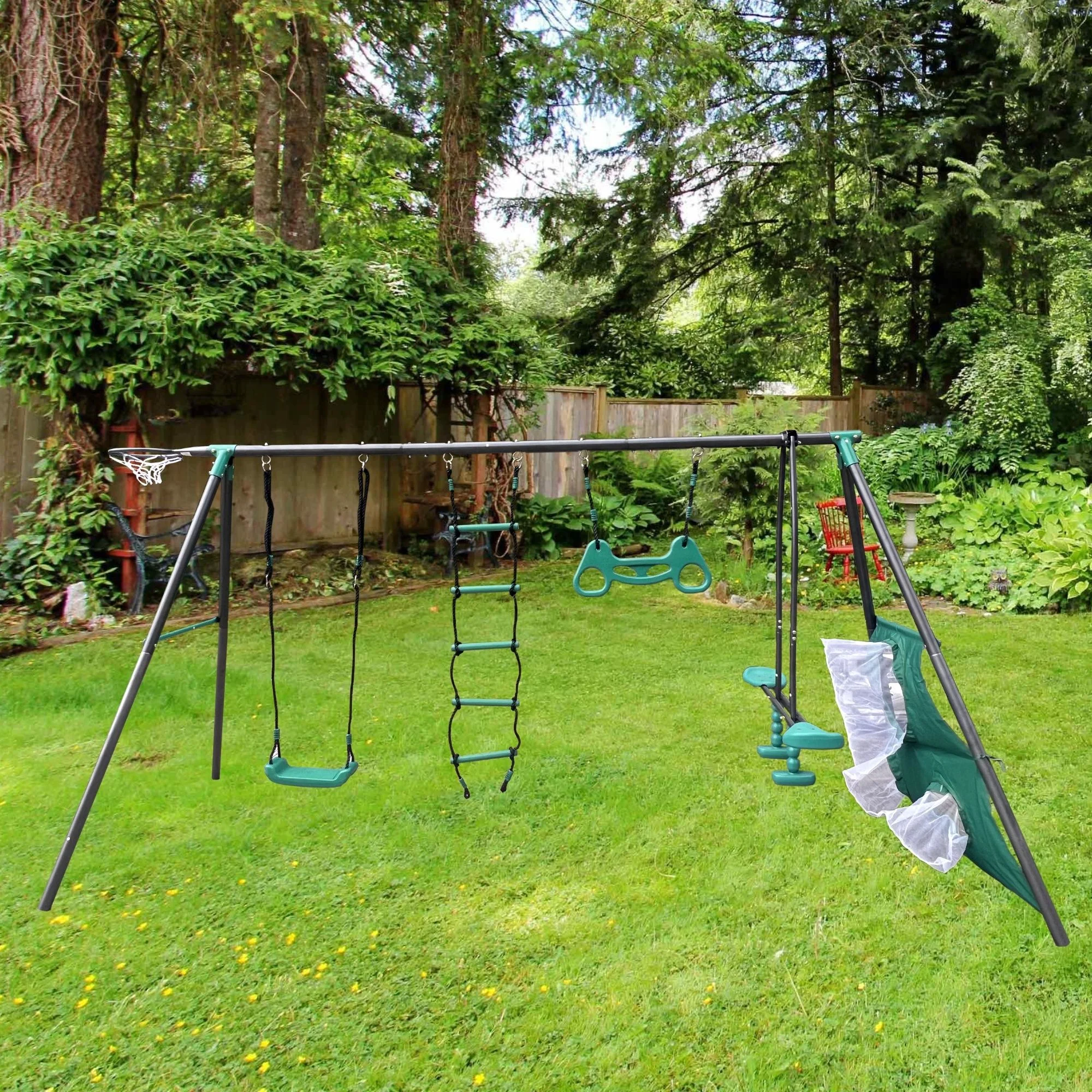 Interesting Four Function Swingset With Face To Face Metal Plastic Safe Swing Seat 550Lbs For Outdoor Playground For Age 3+ - Blackish Green - Image 3