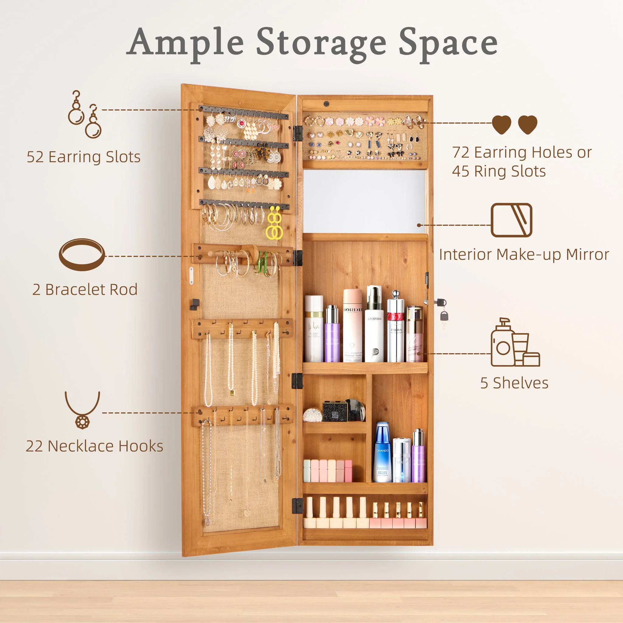 Jewelry Armoire Organizer With Full Length Mirror, Wall Mounted Lockable Cabinet With LED Light - Image 10