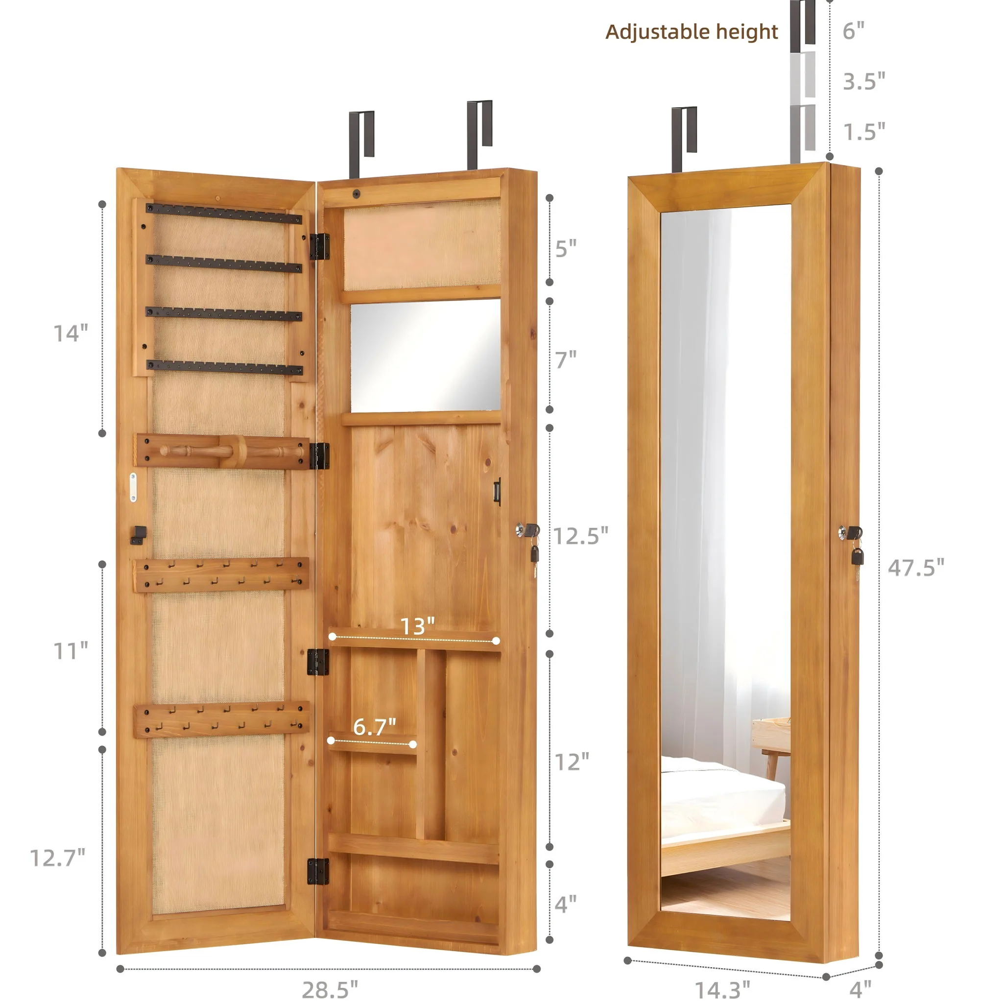 Jewelry Armoire Organizer With Full Length Mirror, Wall Mounted Lockable Cabinet With LED Light - Image 12