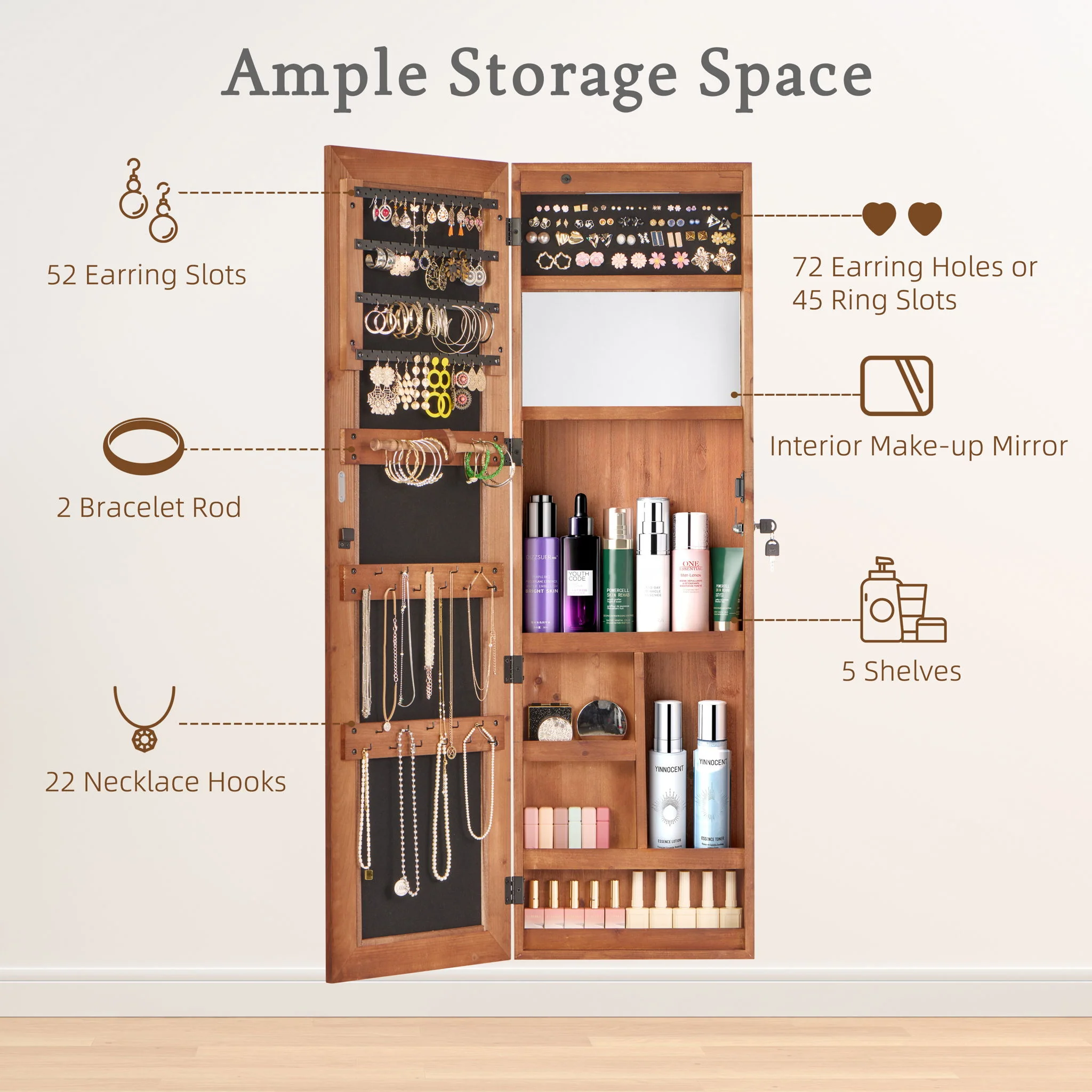 Jewelry Armoire Organizer With Full Length Mirror, Wall Mounted Lockable Cabinet With LED Light - Image 18