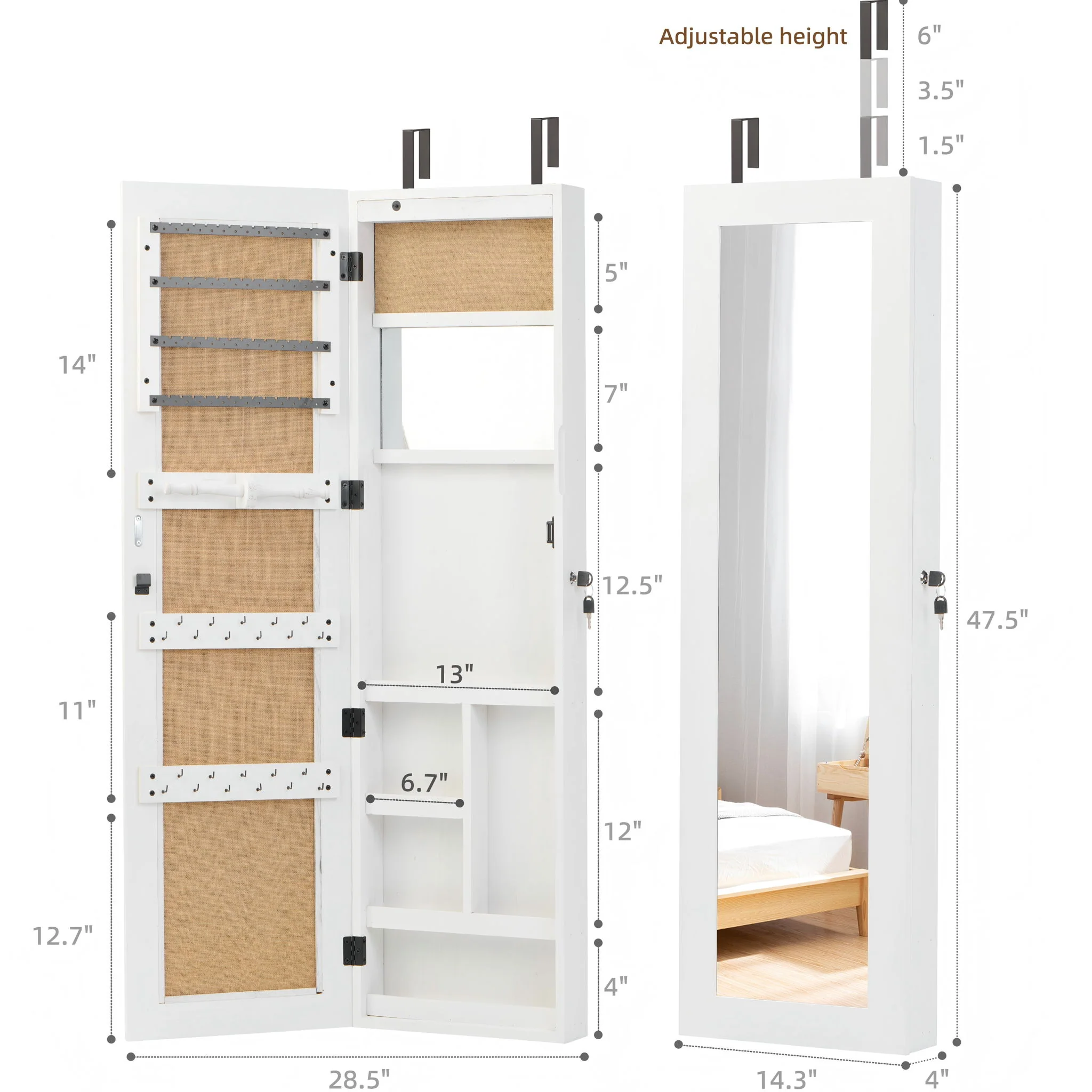Jewelry Armoire Organizer With Full Length Mirror, Wall Mounted Lockable Cabinet With LED Light - Image 20