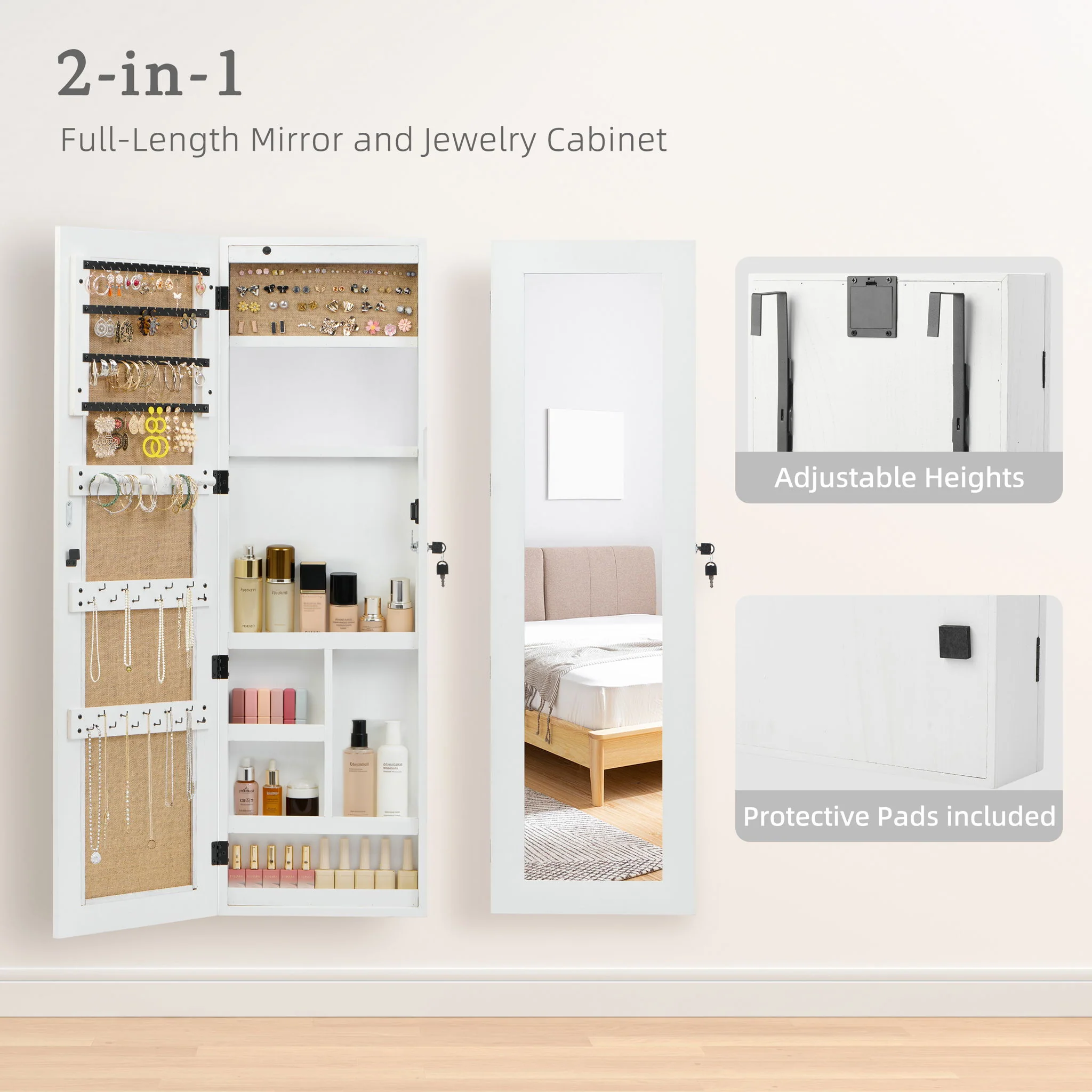 Jewelry Armoire Organizer With Full Length Mirror, Wall Mounted Lockable Cabinet With LED Light - Image 23