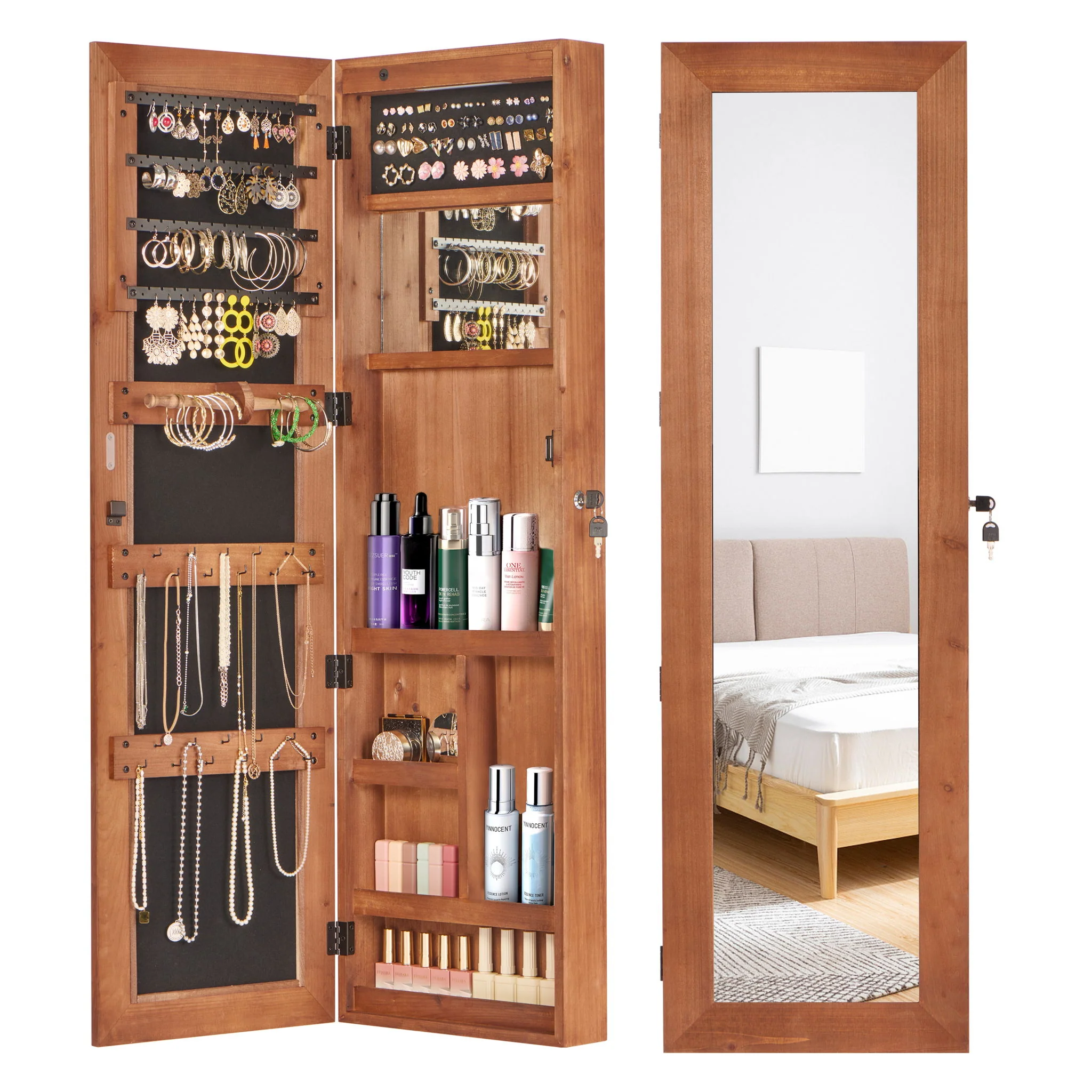 Jewelry Armoire Organizer With Full Length Mirror, Wall Mounted Lockable Cabinet With LED Light - Image 25