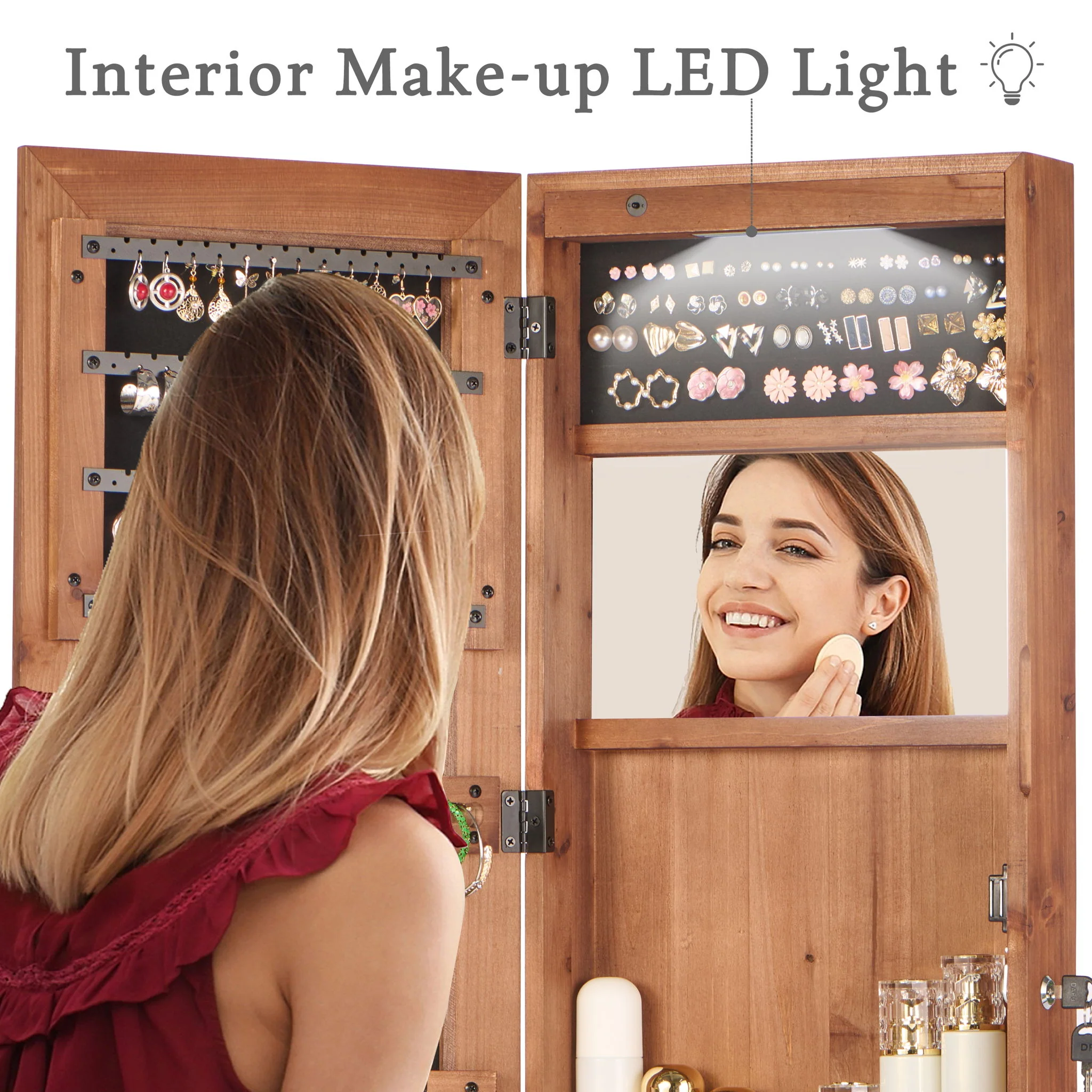 Jewelry Armoire Organizer With Full Length Mirror, Wall Mounted Lockable Cabinet With LED Light - Image 27