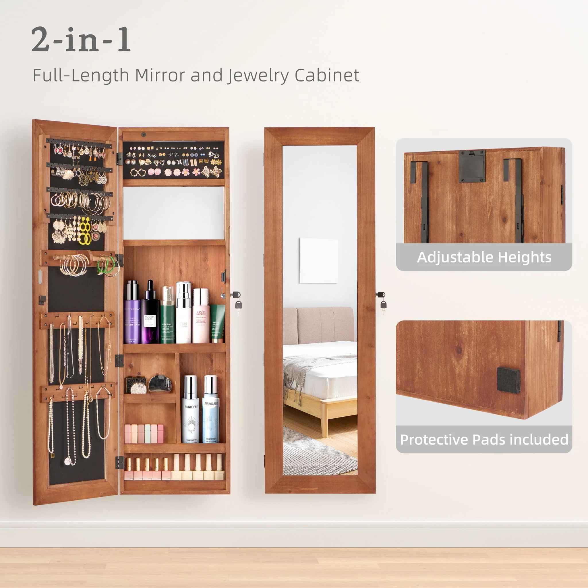 Jewelry Armoire Organizer With Full Length Mirror, Wall Mounted Lockable Cabinet With LED Light - Image 5