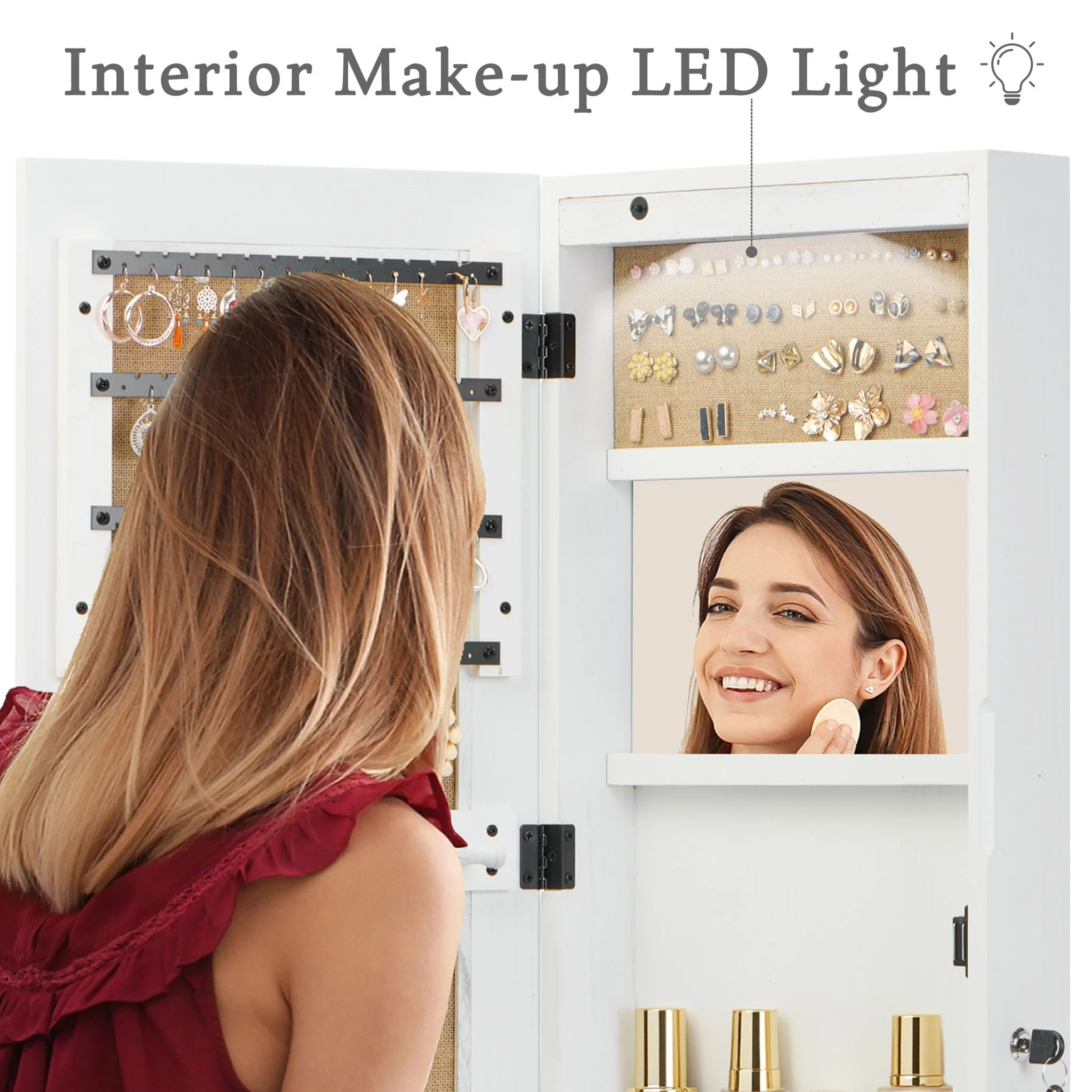 Jewelry Armoire Organizer With Full Length Mirror, Wall Mounted Lockable Cabinet With LED Light - Image 8