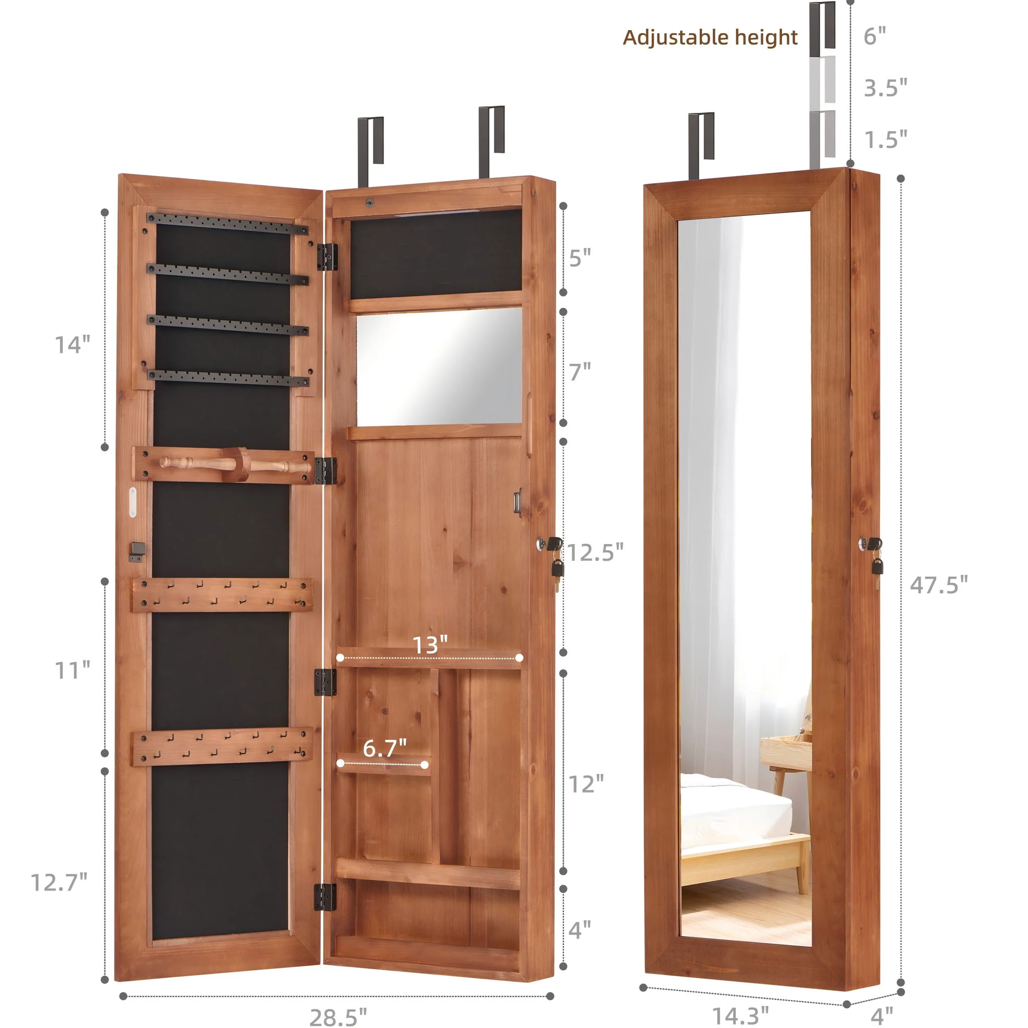 Jewelry Armoire Organizer With Full Length Mirror, Wall Mounted Lockable Cabinet With LED Light - Image 9