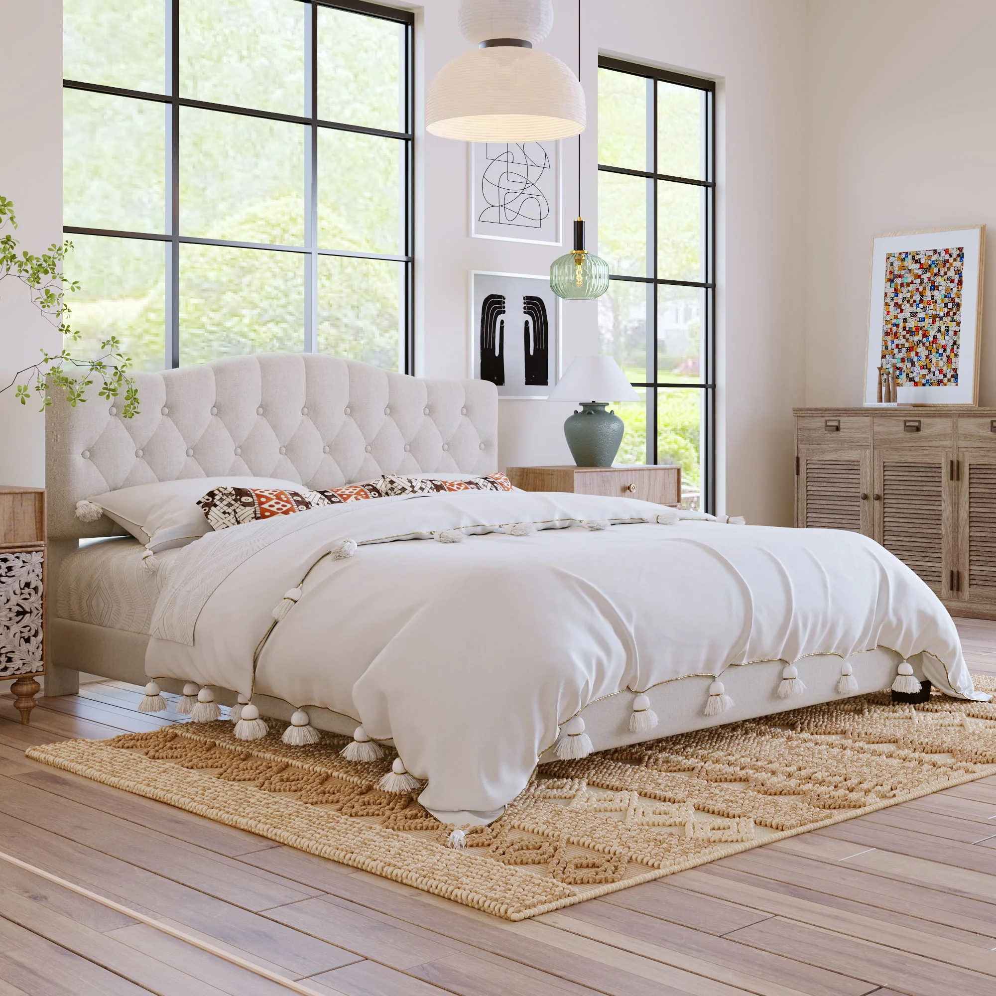 King Upholstered Platform Bed With Curved Adjustable Headboard And Diamond Tufted Details, No Box Spring Needed - Beige - Image 2