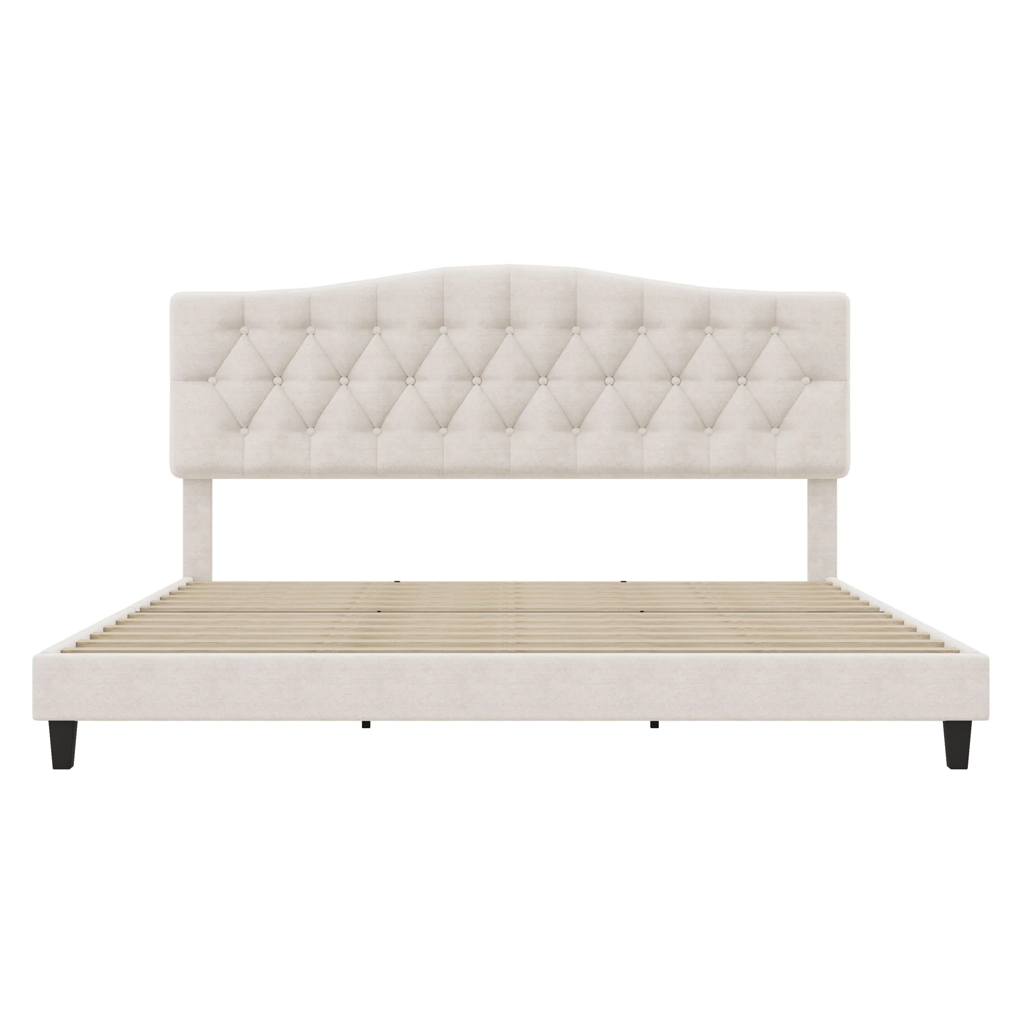 King Upholstered Platform Bed With Curved Adjustable Headboard And Diamond Tufted Details, No Box Spring Needed - Beige - Image 3