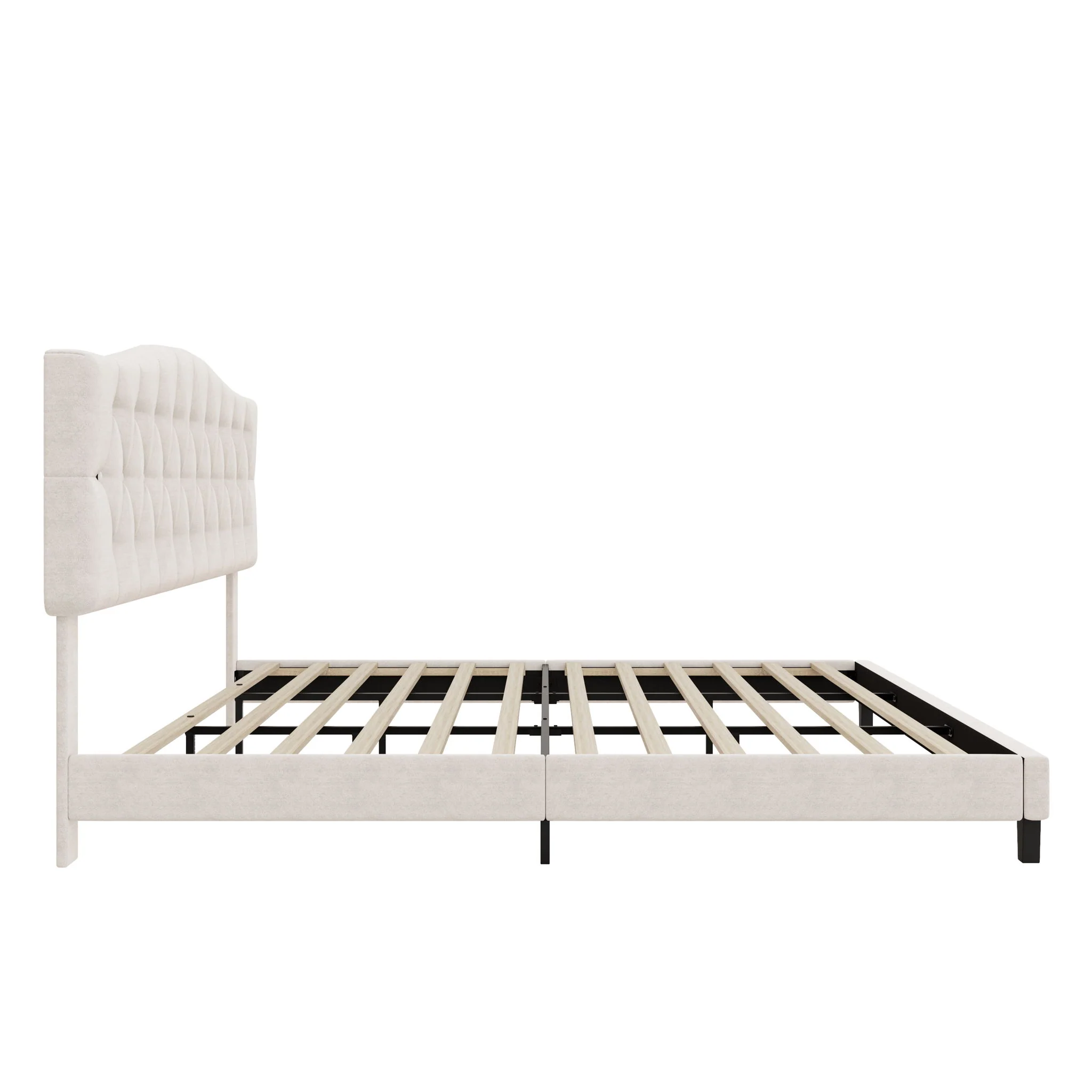 King Upholstered Platform Bed With Curved Adjustable Headboard And Diamond Tufted Details, No Box Spring Needed - Beige - Image 4