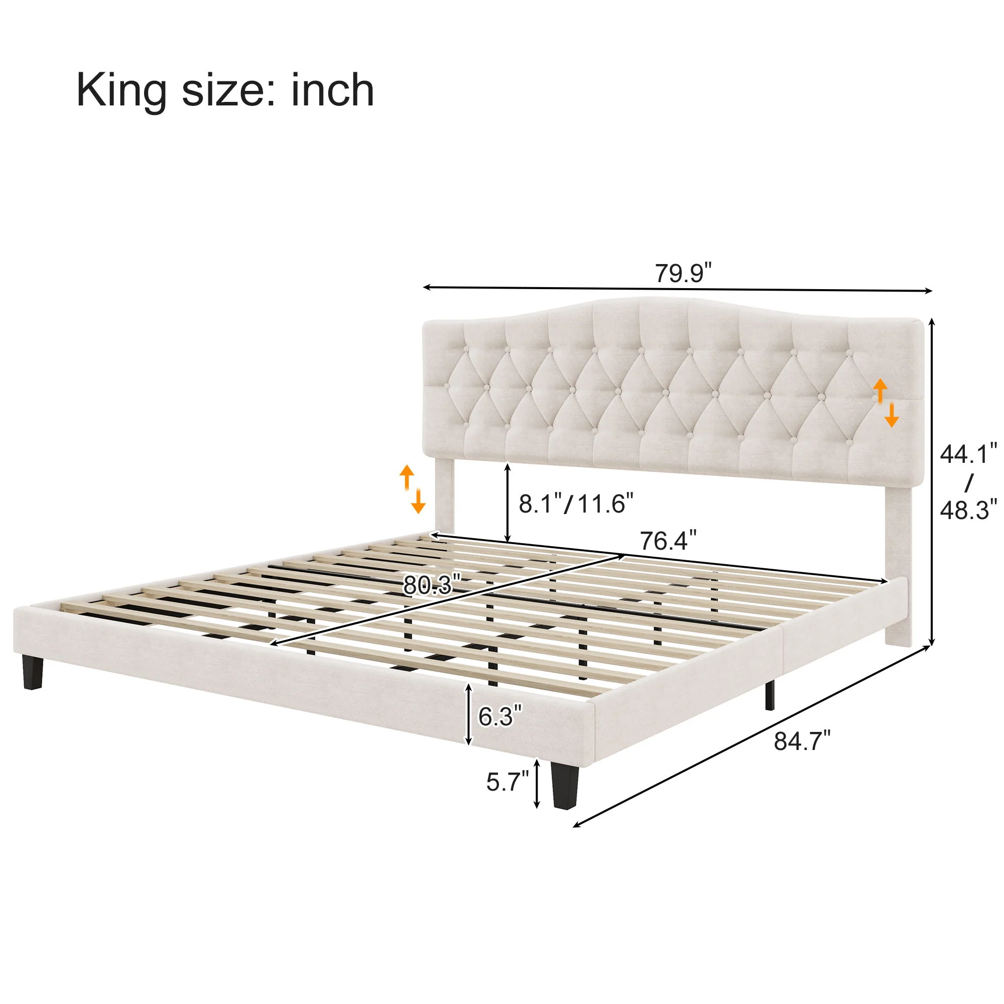 King Upholstered Platform Bed With Curved Adjustable Headboard And Diamond Tufted Details, No Box Spring Needed - Beige - Image 5