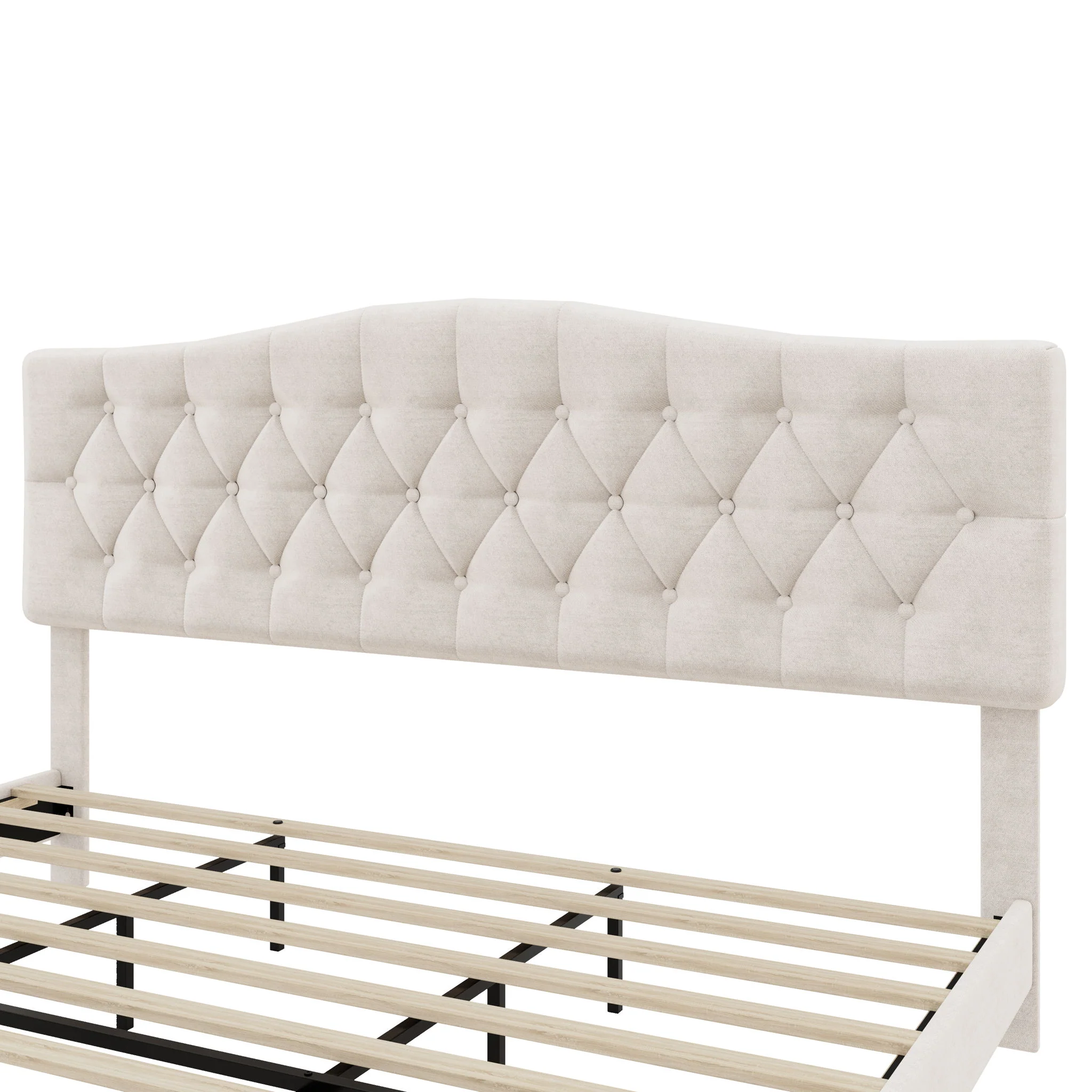 King Upholstered Platform Bed With Curved Adjustable Headboard And Diamond Tufted Details, No Box Spring Needed - Beige - Image 6