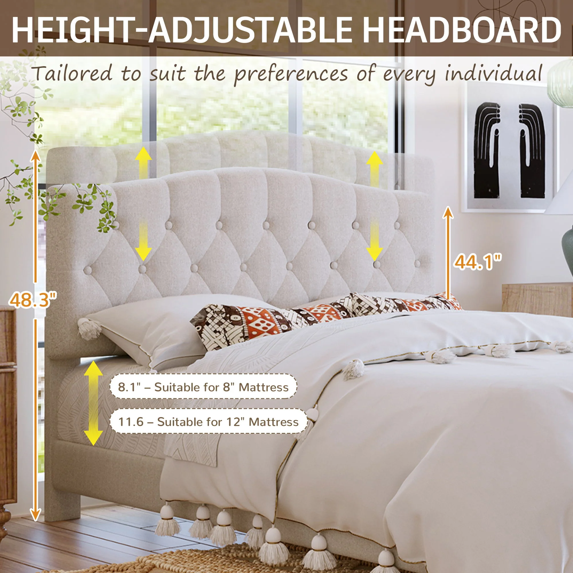 King Upholstered Platform Bed With Curved Adjustable Headboard And Diamond Tufted Details, No Box Spring Needed - Beige - Image 7