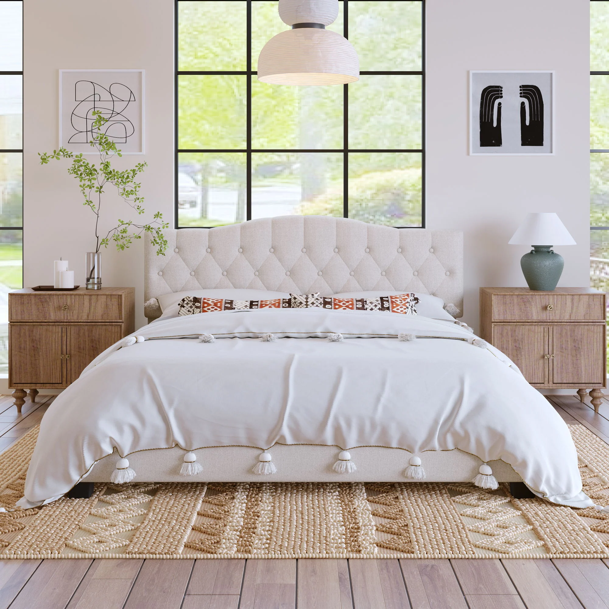 King Upholstered Platform Bed With Curved Adjustable Headboard And Diamond Tufted Details, No Box Spring Needed - Beige - Image 8