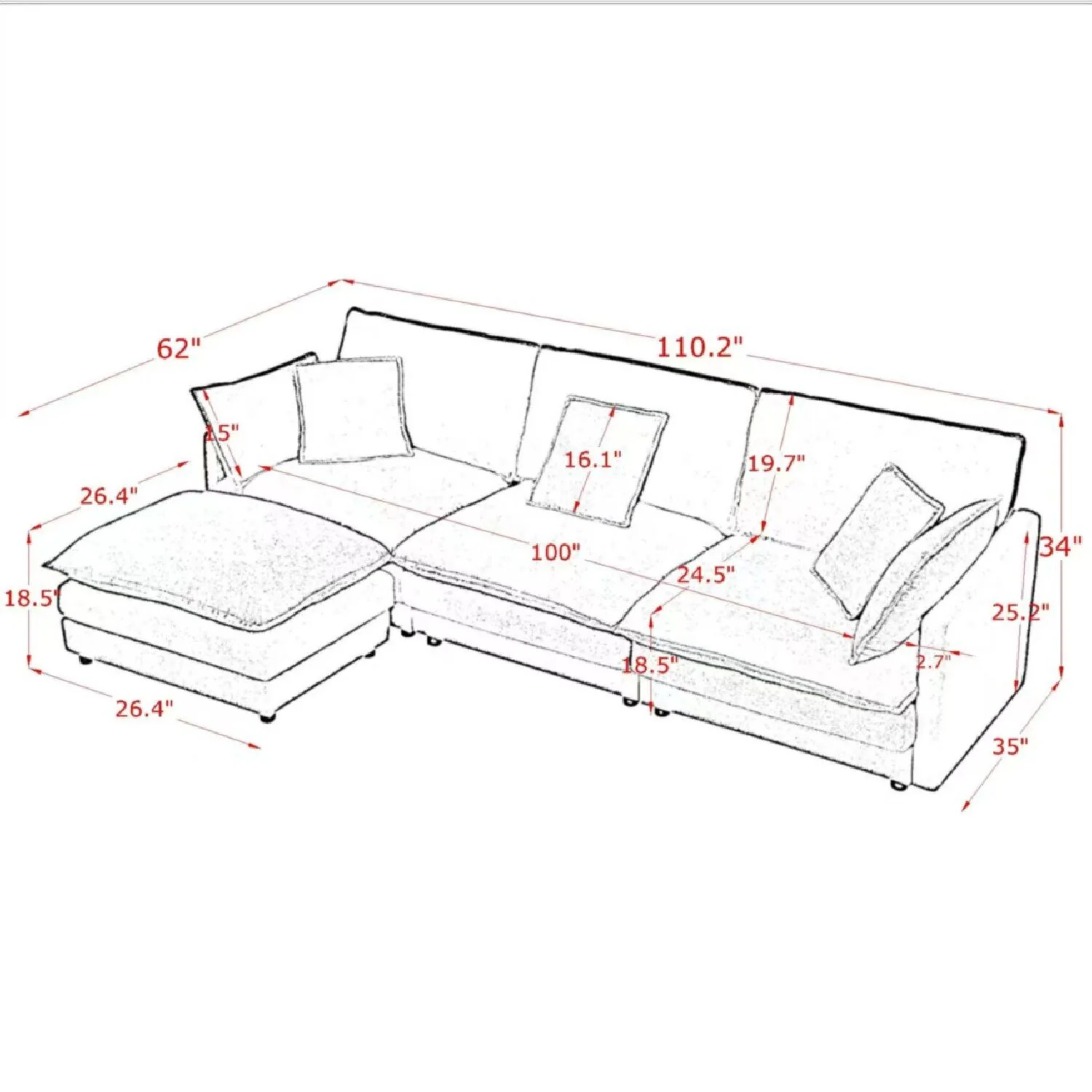 L-Shaped Sectional Sofa With Ottoman, Convertible 4 Seater Couch - Image 8