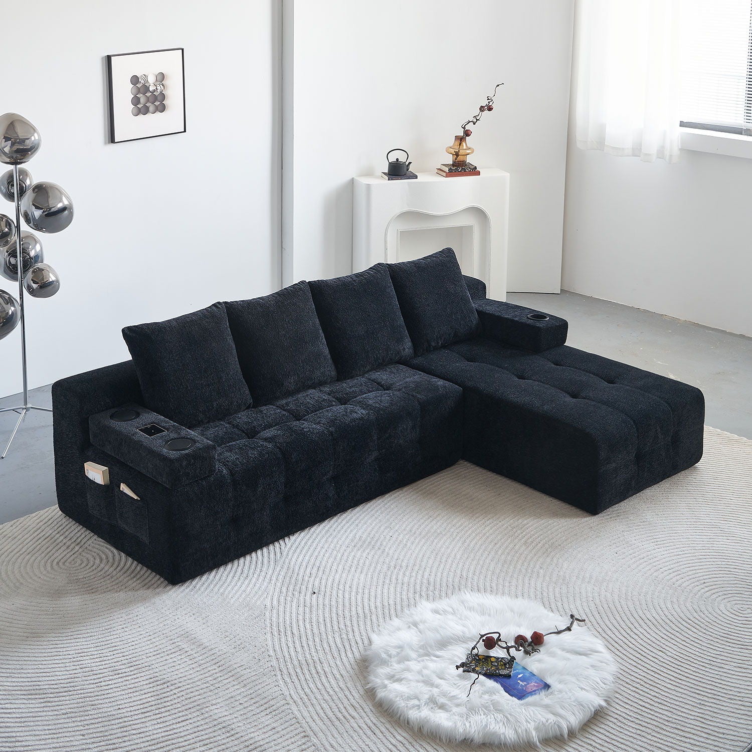 L - Shaped Sectional Sofa With Side Pockets, Wireless Charging, USB Ports, Cup Holder, Bluetooth Speaker, Reversible Lounge Chaise - Black - Image 2