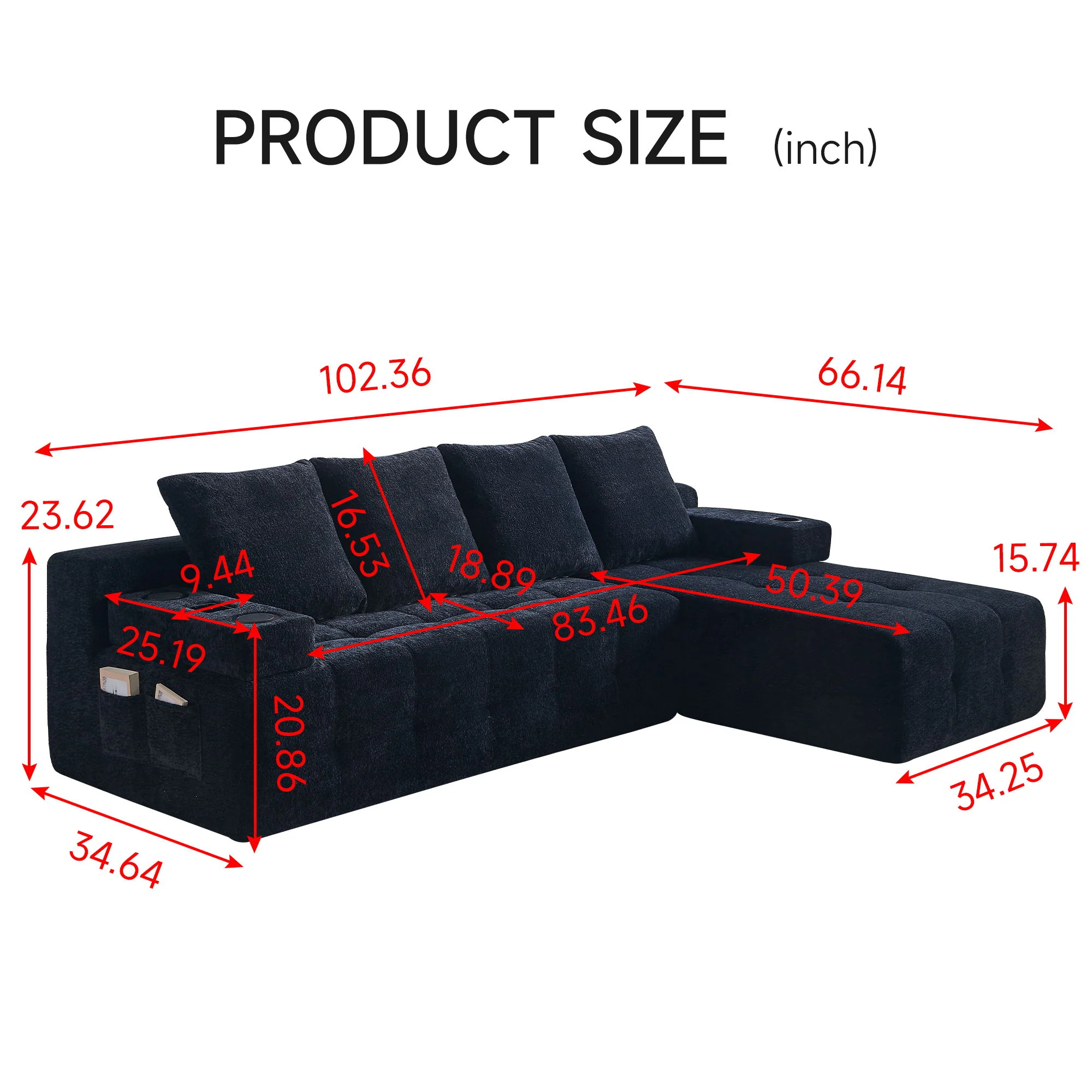 L - Shaped Sectional Sofa With Side Pockets, Wireless Charging, USB Ports, Cup Holder, Bluetooth Speaker, Reversible Lounge Chaise - Black - Image 6