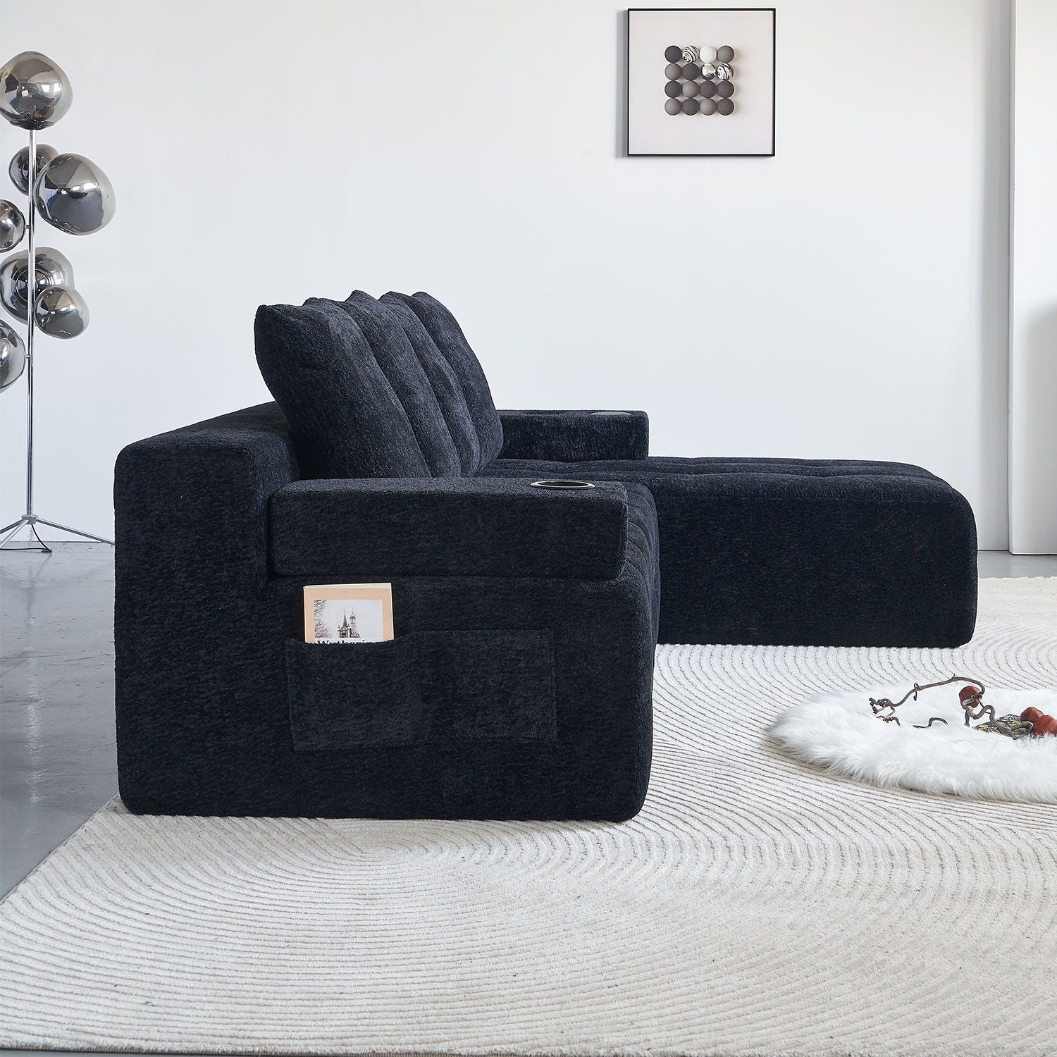 L - Shaped Sectional Sofa With Side Pockets, Wireless Charging, USB Ports, Cup Holder, Bluetooth Speaker, Reversible Lounge Chaise - Black - Image 8
