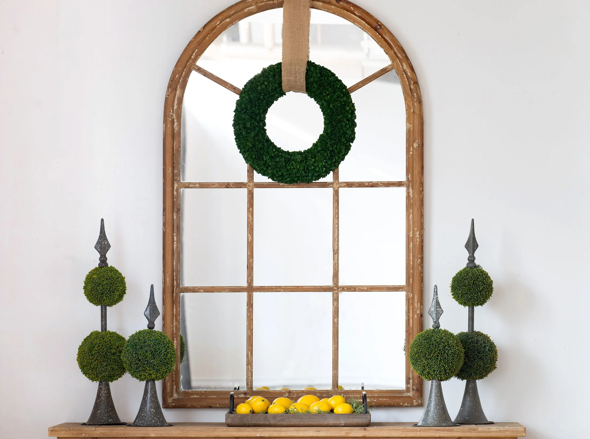 Large Arched Accent Mirror With Frame With Decorative Window Look Classic Architecture Style Solid Fir Wood Interior Decor - Brown - Image 7