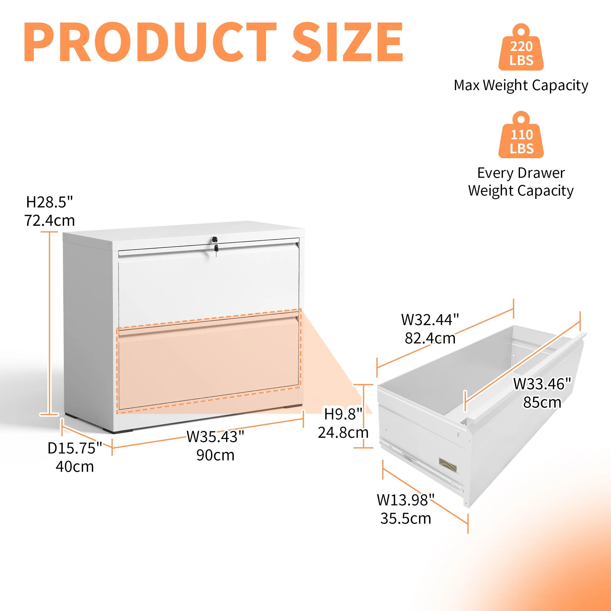 Lateral File Cabinet 2 Drawer, Locking File Cabinet With Anti Tip Interlock, Heavy Duty Storage For Letter / Legal / A4 Files - White - Image 2
