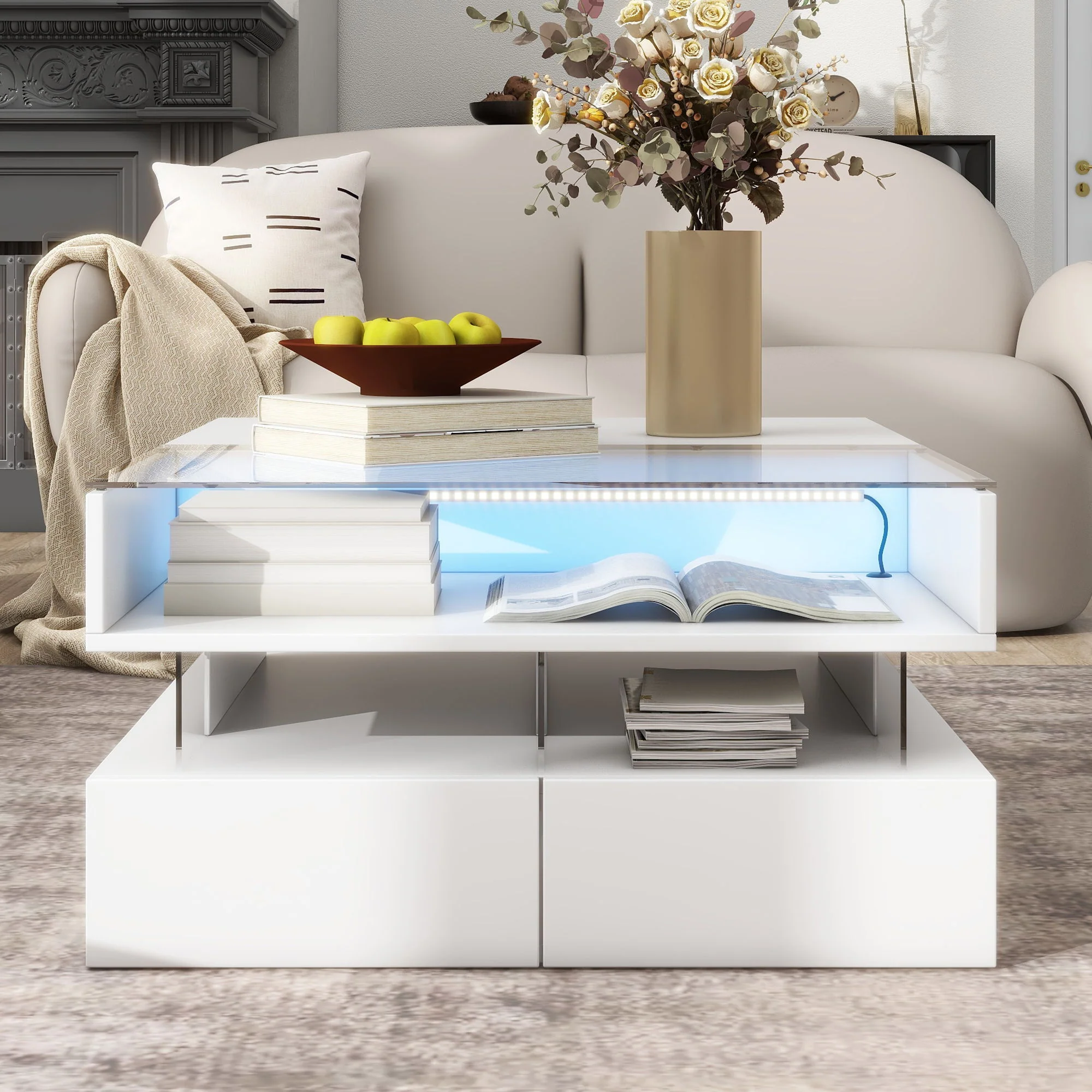 Lift Top Coffee Table With 2 Drawers, Hidden Space And LED Lights For Living Room - Image 9
