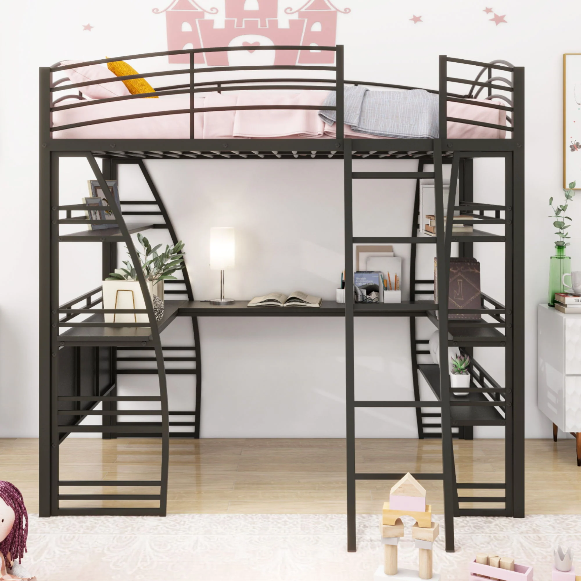 Loft Bed With 4 Layers Of Shelves And L-Shaped Desk, Stylish Metal Frame Bed With A Set Of Sockets, USB Ports And And Wireless Charging - Image 18