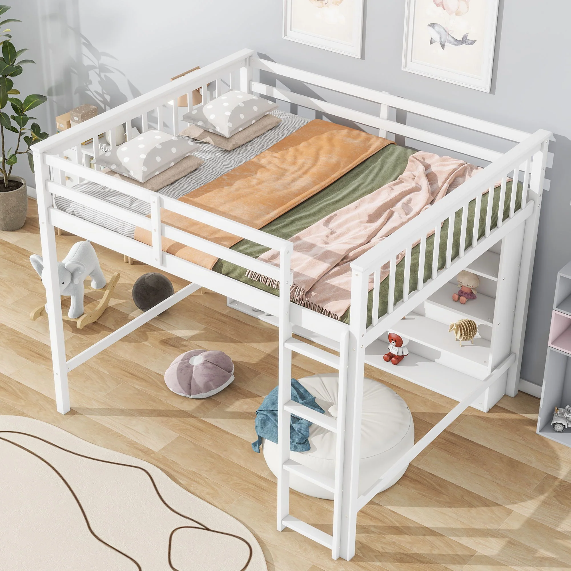 Loft Bed With 8 Open Storage Shelves And Built In Ladder - Image 18
