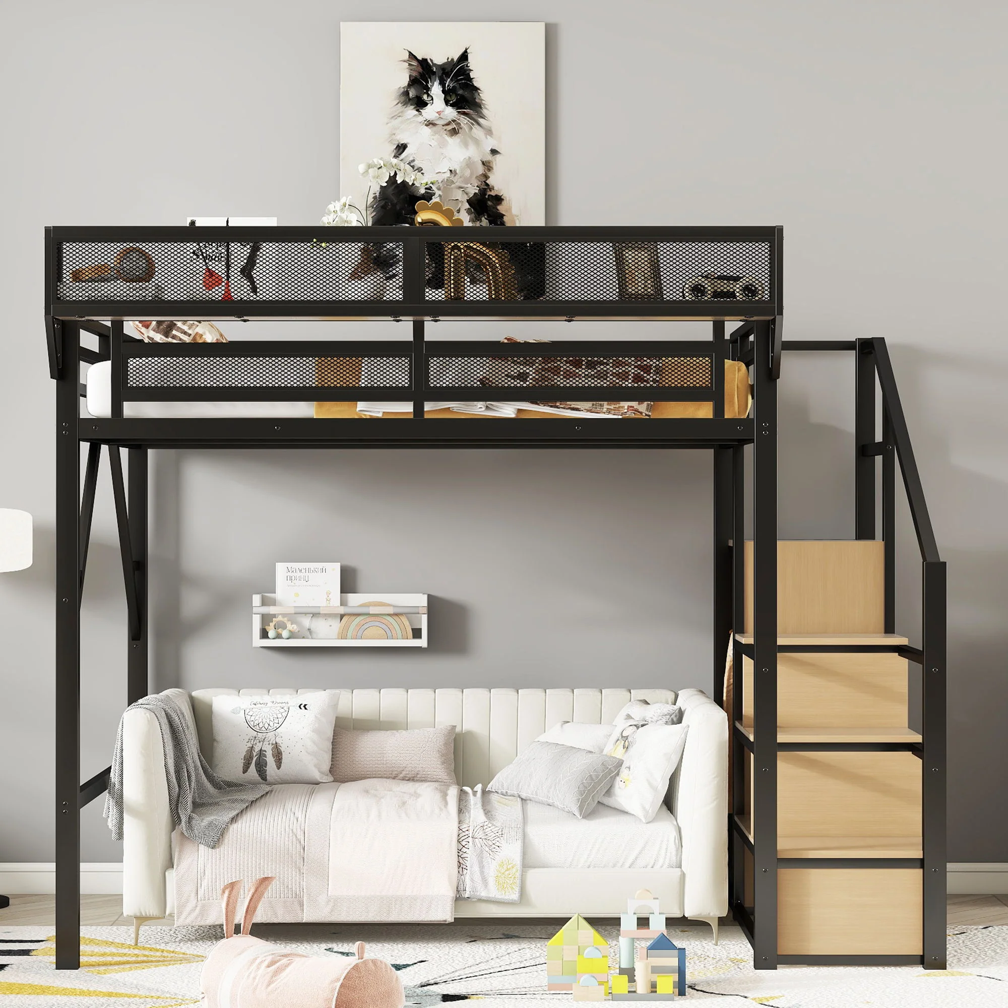 Loft Bed With Stairs, Storage Shelves, Wardrobe - Image 7