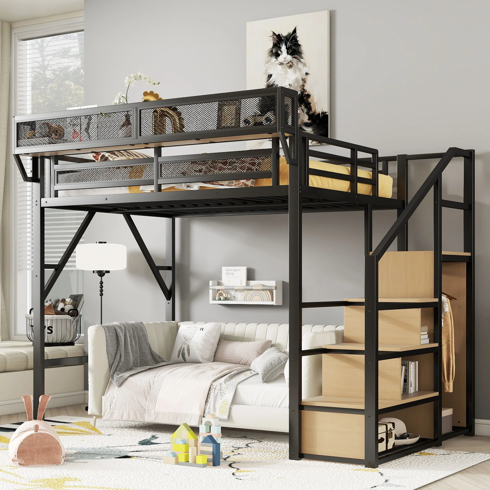 Loft Bed With Stairs, Storage Shelves, Wardrobe - Image 8