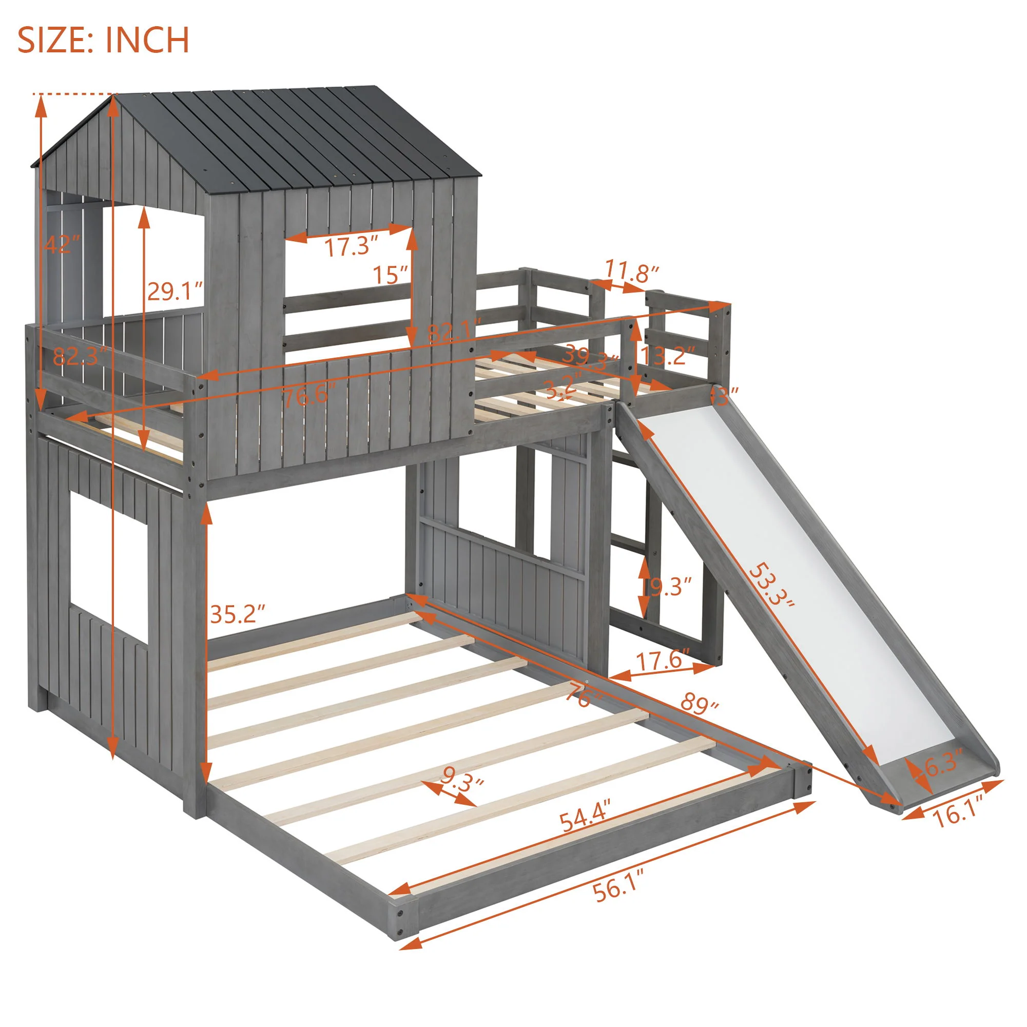 Loft Bunk Bed With Playhouse, Farmhouse, Ladder, Slide And Guardrails - Image 17