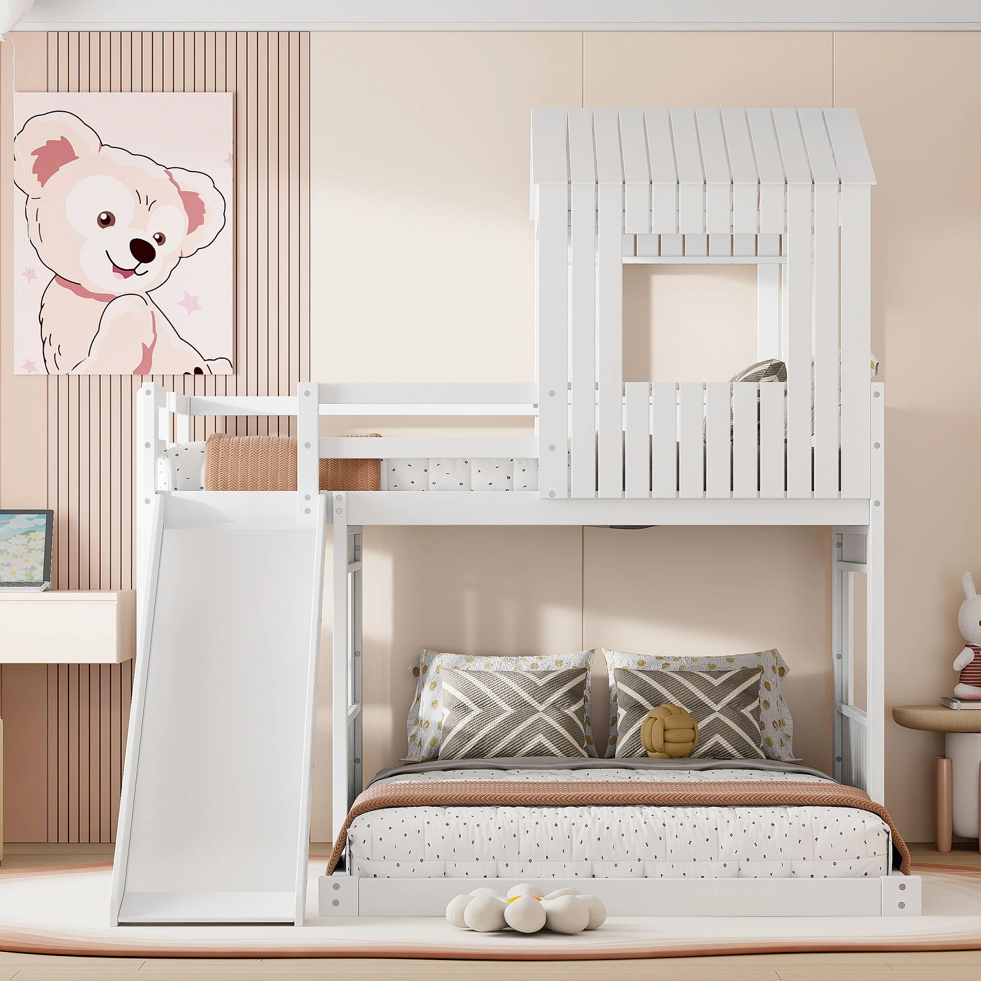 Loft Bunk Bed With Playhouse, Farmhouse, Ladder, Slide And Guardrails - Image 7