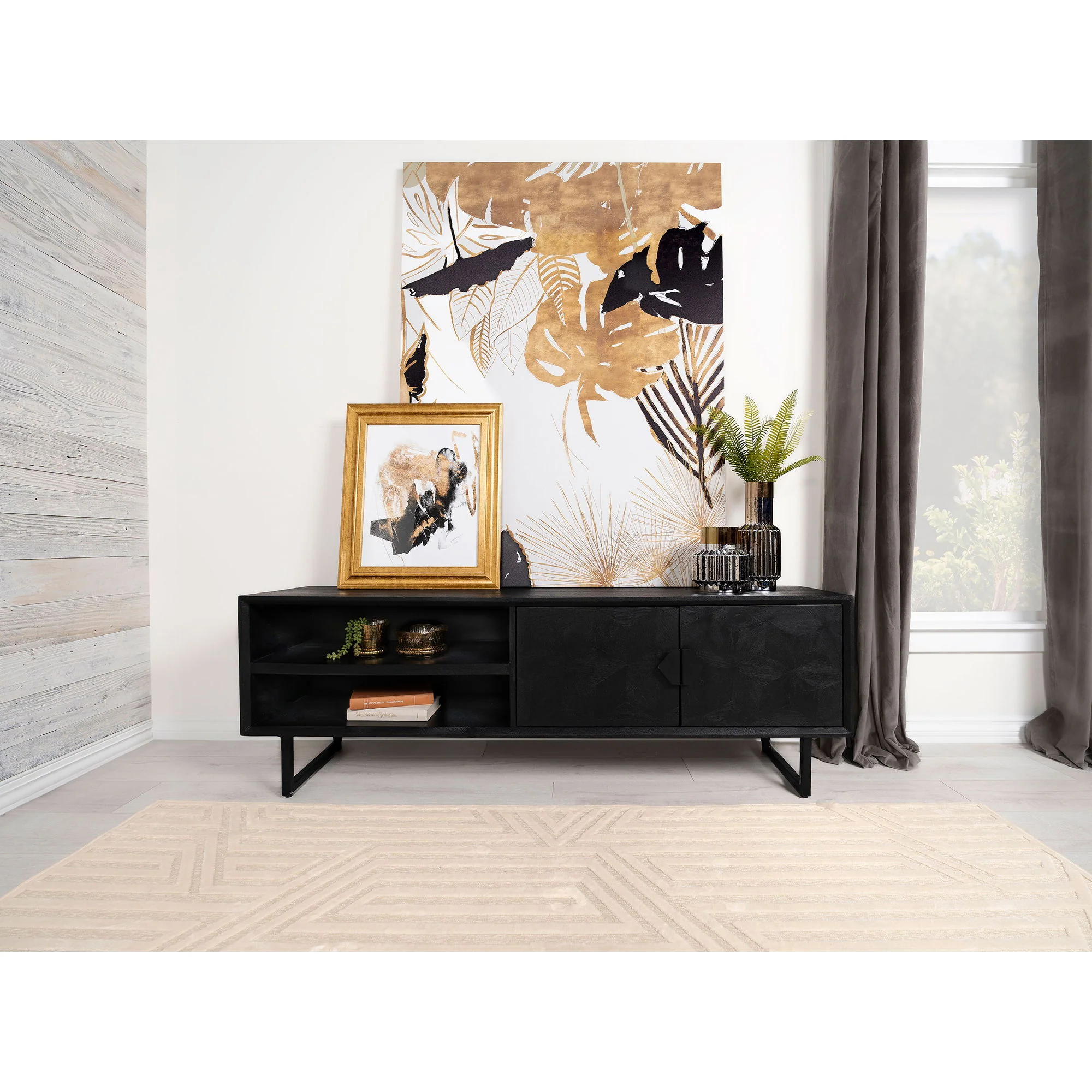 Manaya - 2 Door Stand With Open Shelving And Hidden Storage - Charcoal Black - Image 3