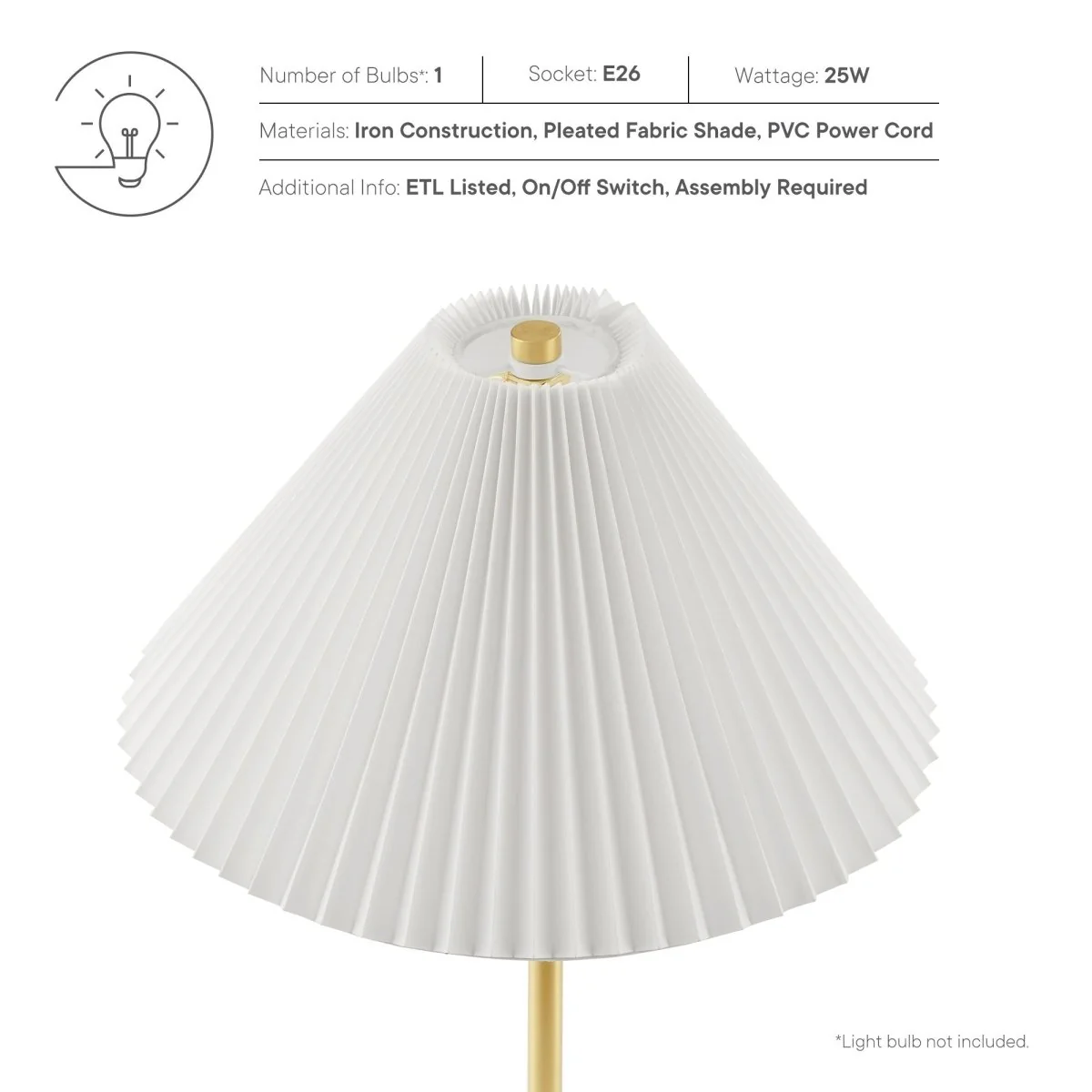 Marble Dome Floor Lamp with Pleated Fabric Shade, Sleek Contemporary Accent Lighting - Image 3