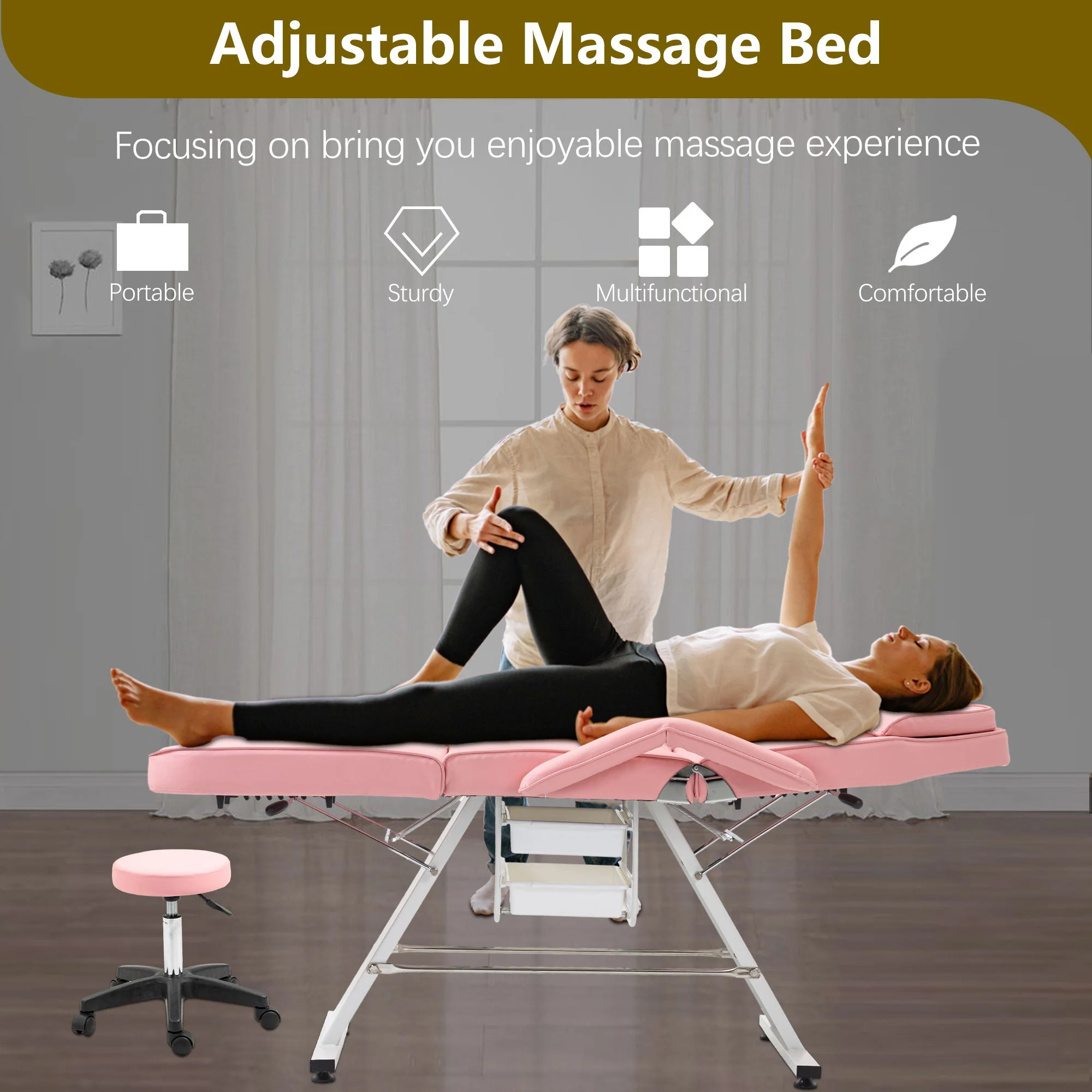 Massage Salon Tattoo Chair With Two Trays Esthetician Bed With Hydraulic Stool, Multi-Purpose 3-Section Facial Bed Table, Adjustable Beauty Barber Spa Beauty Equipment - Image 24