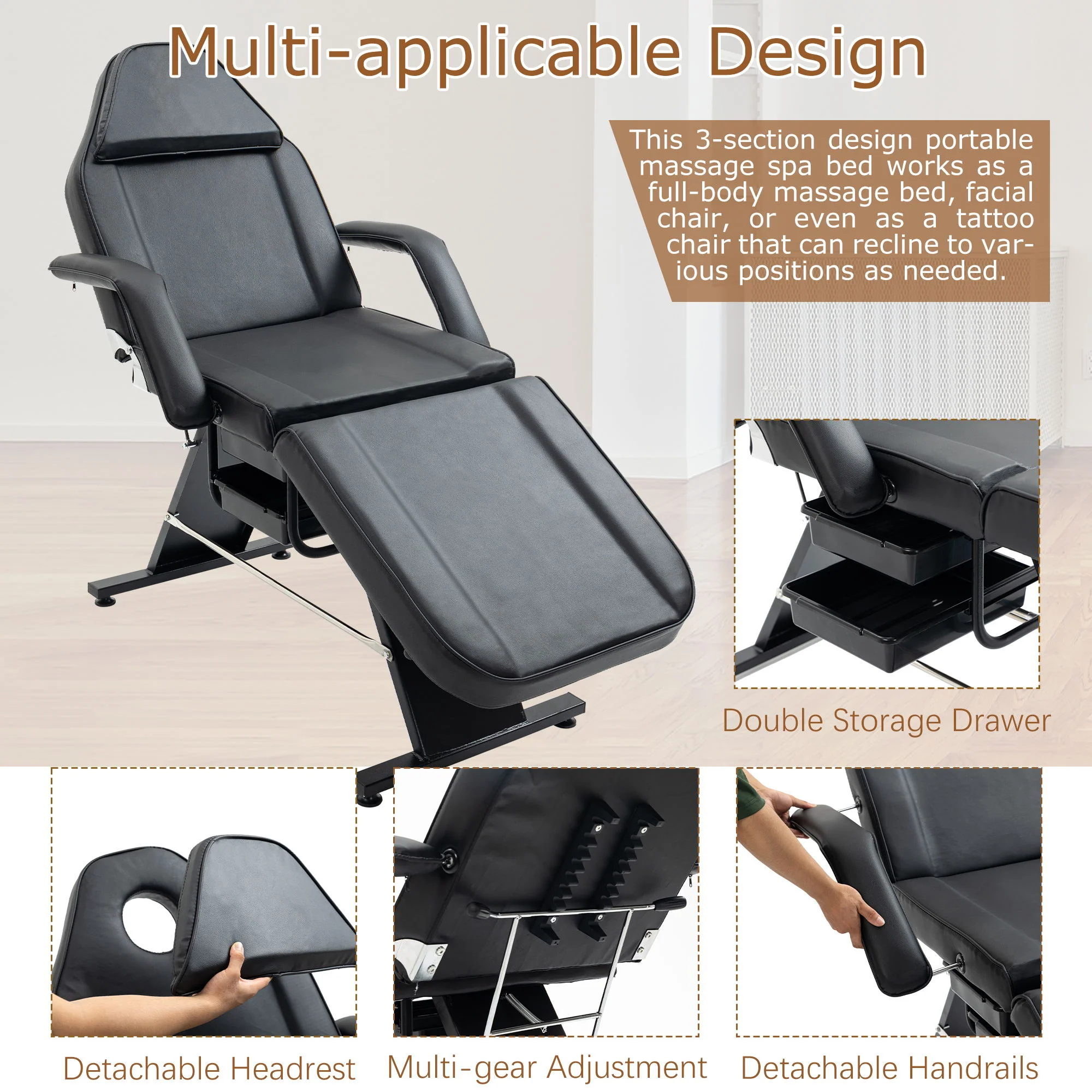Massage Salon Tattoo Chair With Two Trays Esthetician Bed With Hydraulic Stool, Multi-Purpose 3-Section Facial Bed Table, Adjustable Beauty Barber Spa Beauty Equipment - Image 4