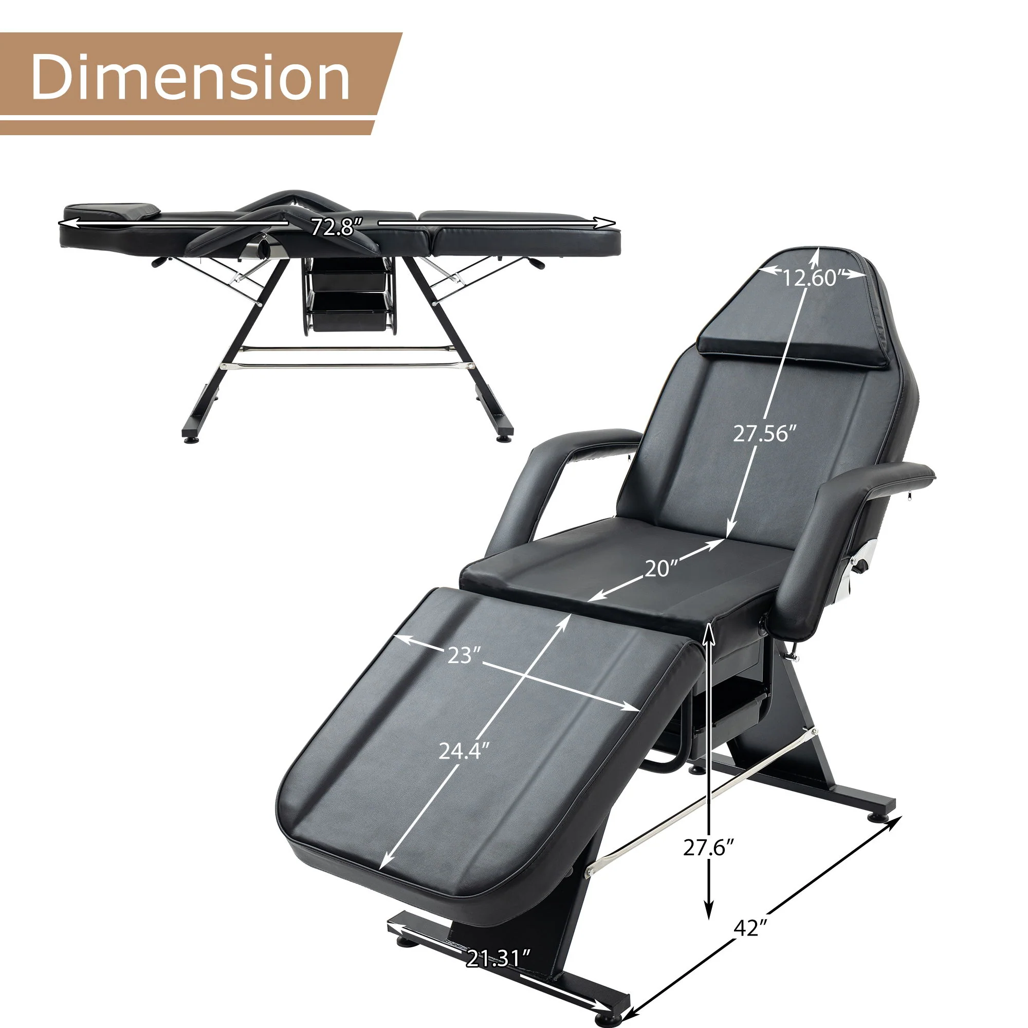 Massage Salon Tattoo Chair With Two Trays Esthetician Bed With Hydraulic Stool, Multi-Purpose 3-Section Facial Bed Table, Adjustable Beauty Barber Spa Beauty Equipment - Image 6