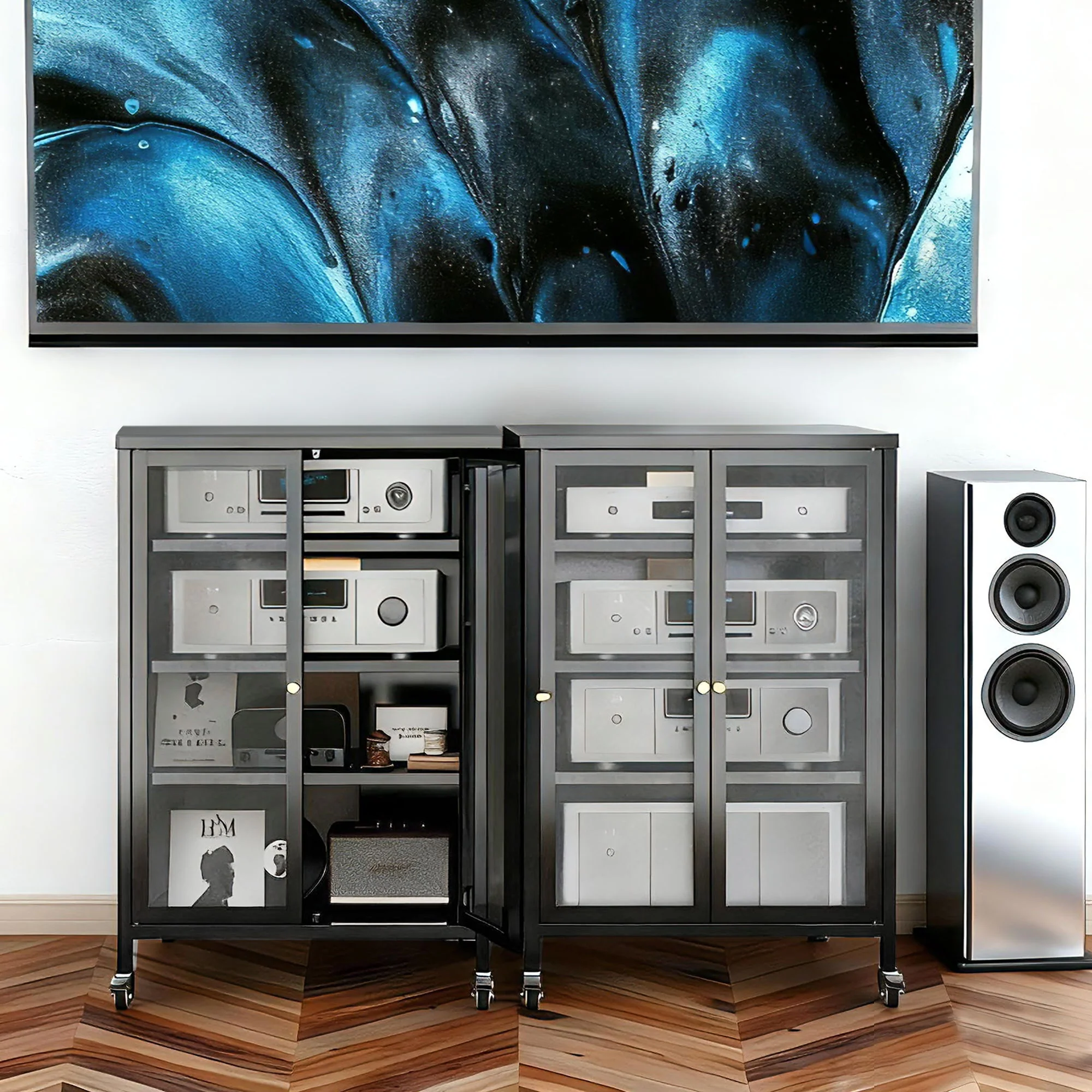 Media Storage Cabinet With Wheels, 4 Adjustable Glass Shelves & Door, Heavy-Duty - Black - Image 2