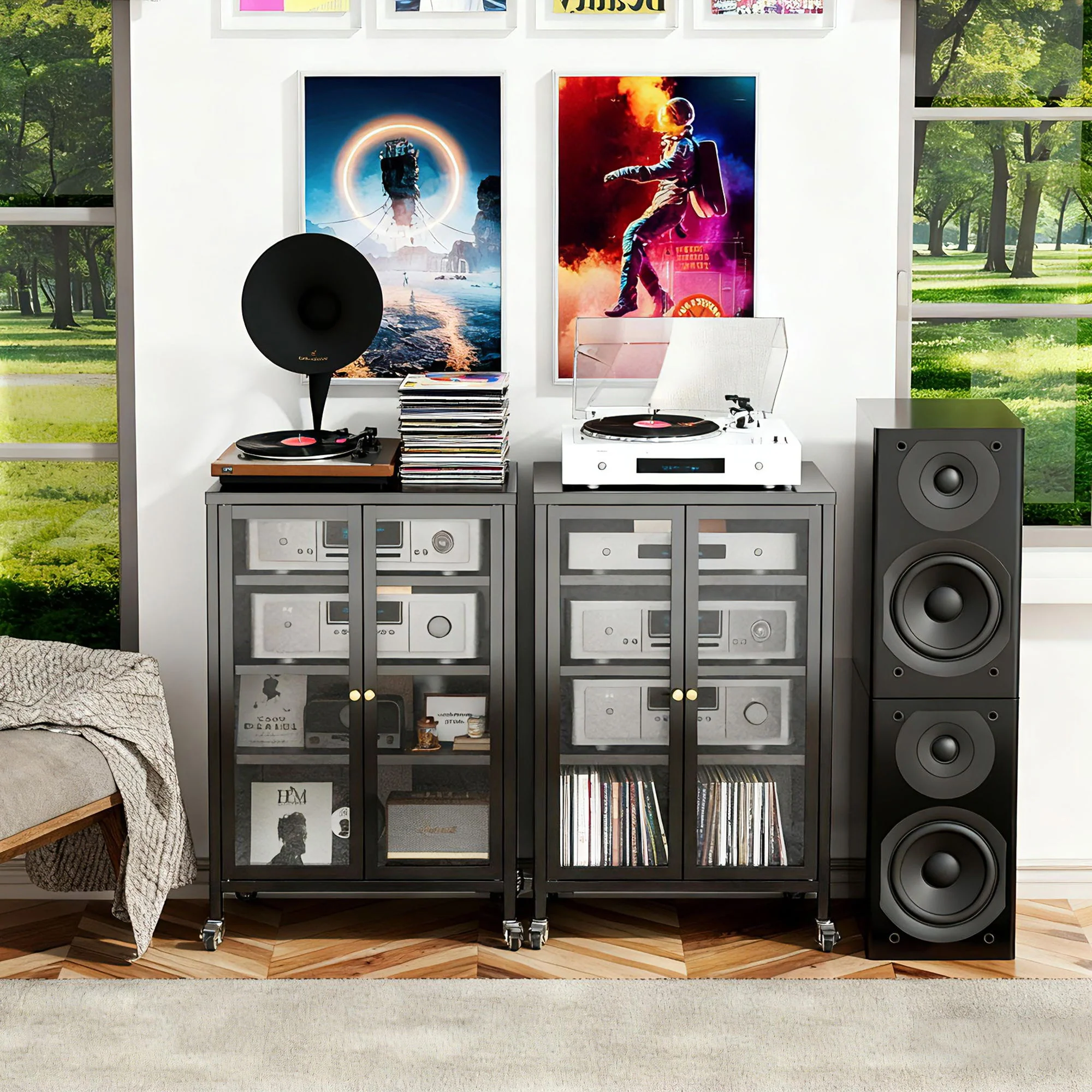 Media Storage Cabinet With Wheels, 4 Adjustable Glass Shelves & Door, Heavy-Duty - Black - Image 8