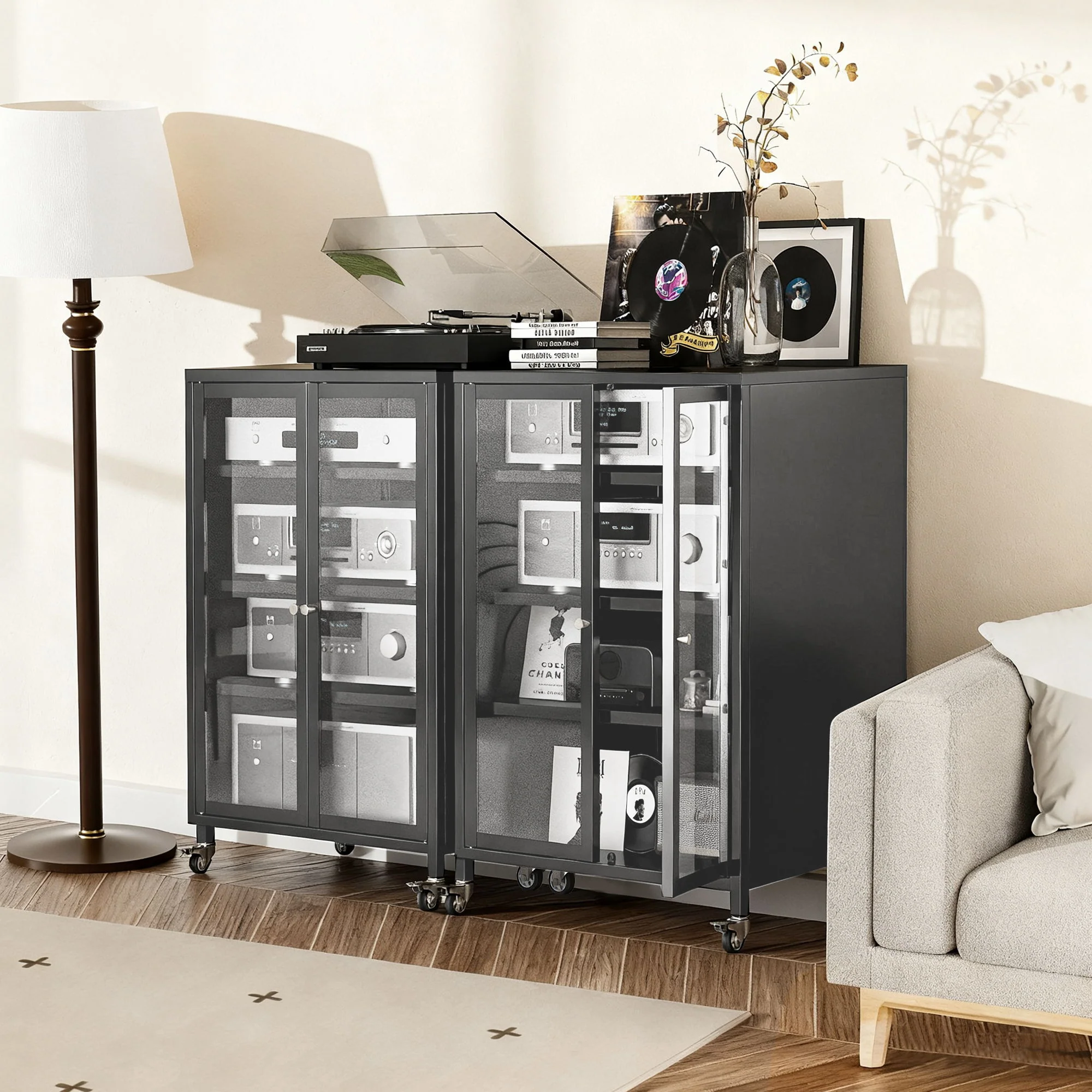 Media Storage Cabinet With Wheels, 4 Adjustable Glass Shelves & Door, Heavy-Duty - Black - Image 9