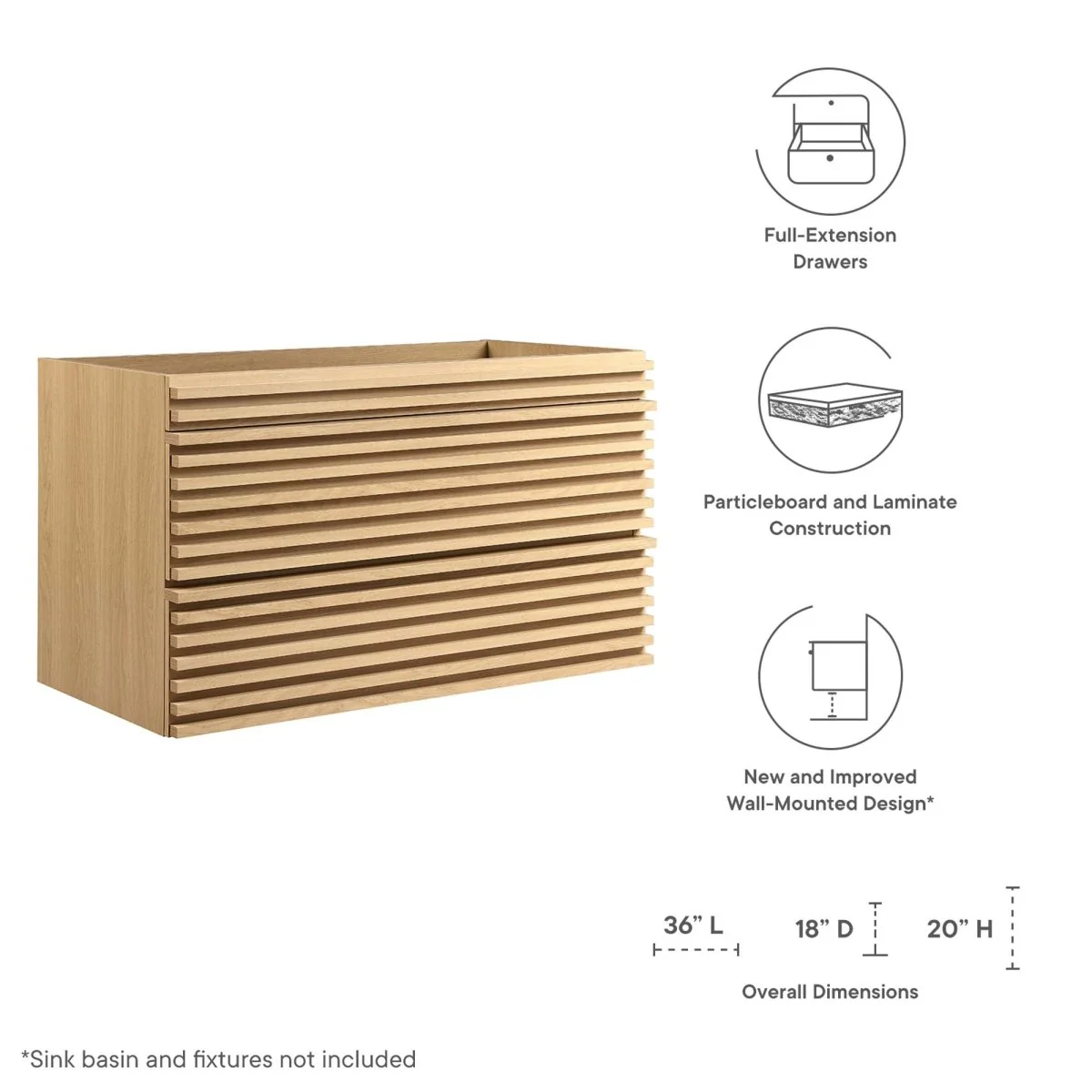 Mid-Century Wall-Mount Bathroom Vanity Cabinet — Available in Multiple Sizes and Finishes - Image 155